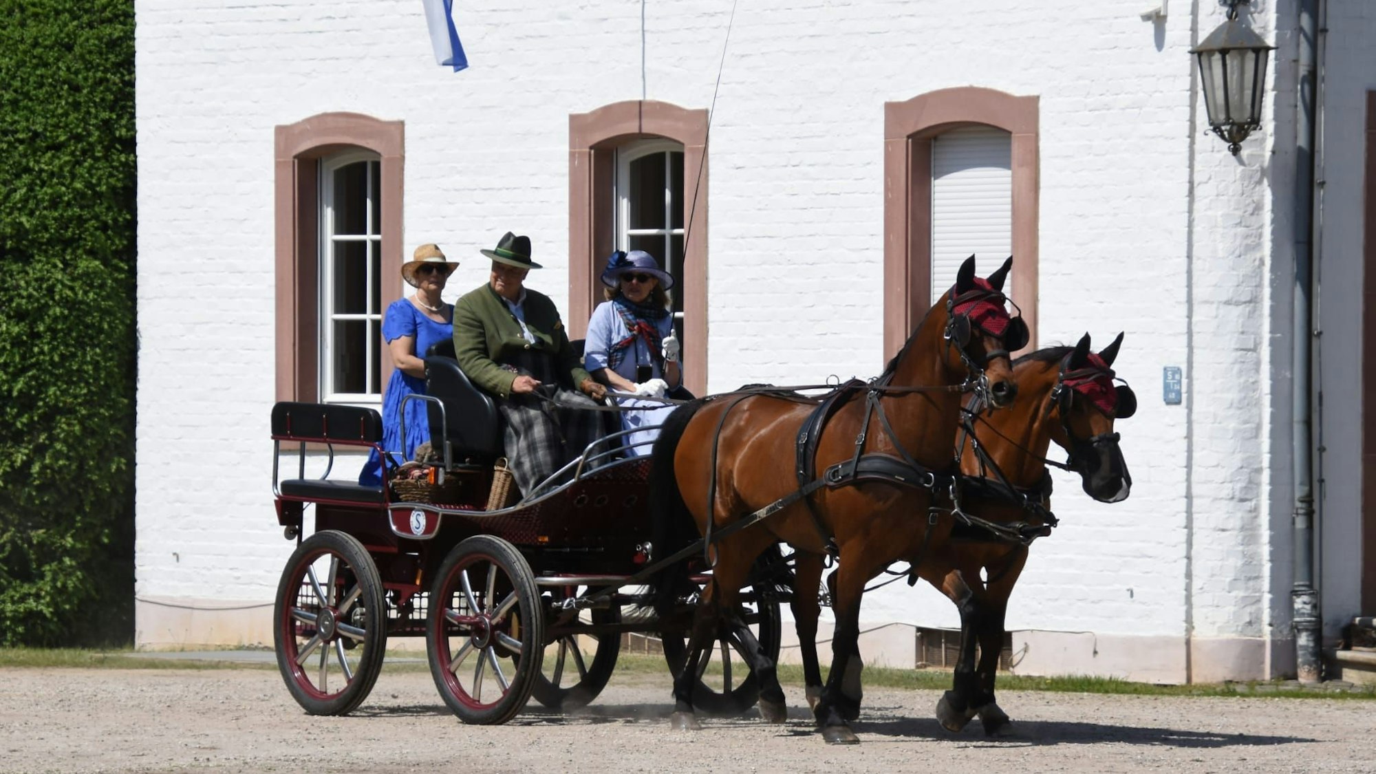Das Bild zeigt eine Kutsche mit zwei Pferden.
