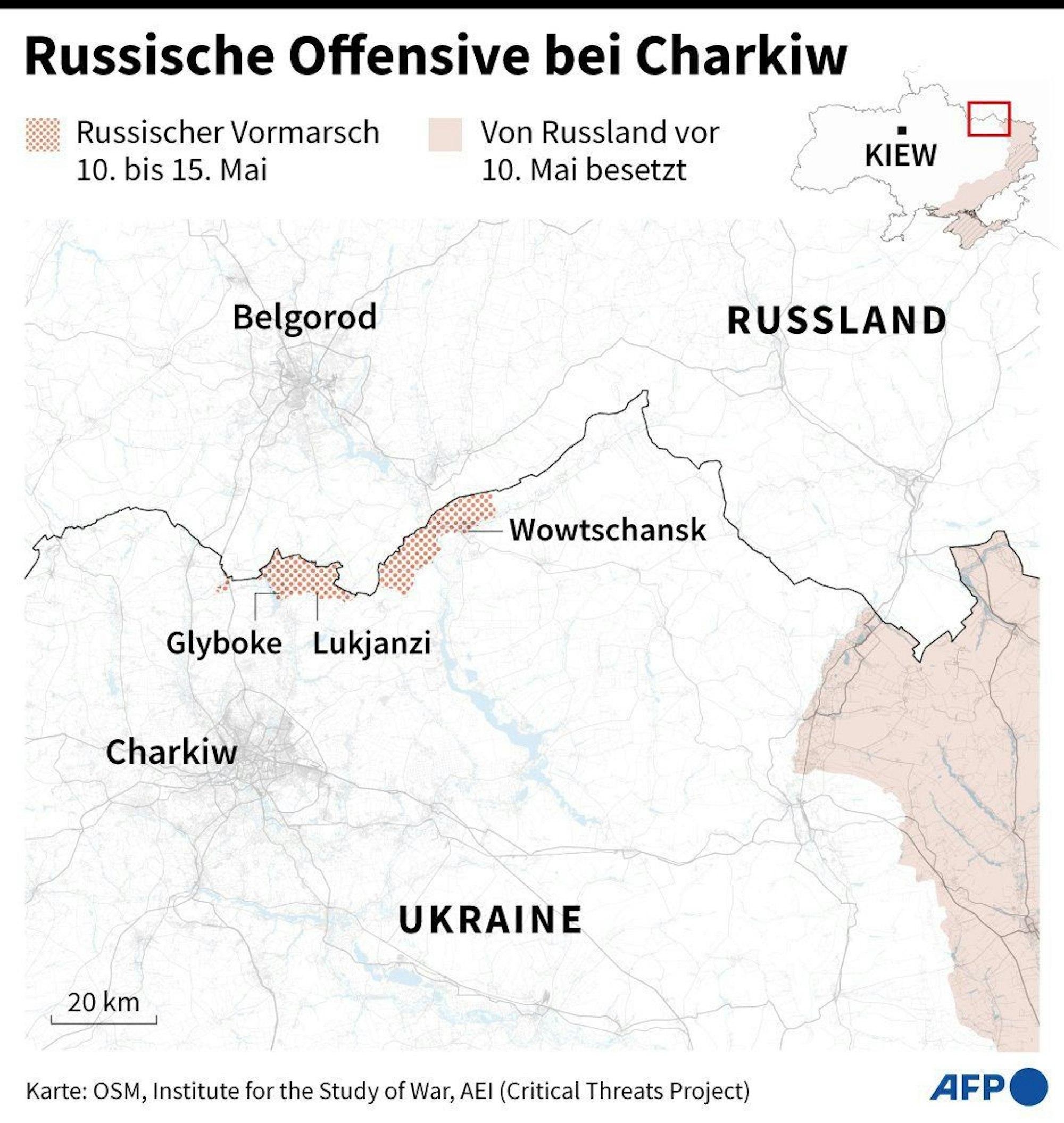 Region Charkiw: Detailkarte mit russischem Vormarsch.