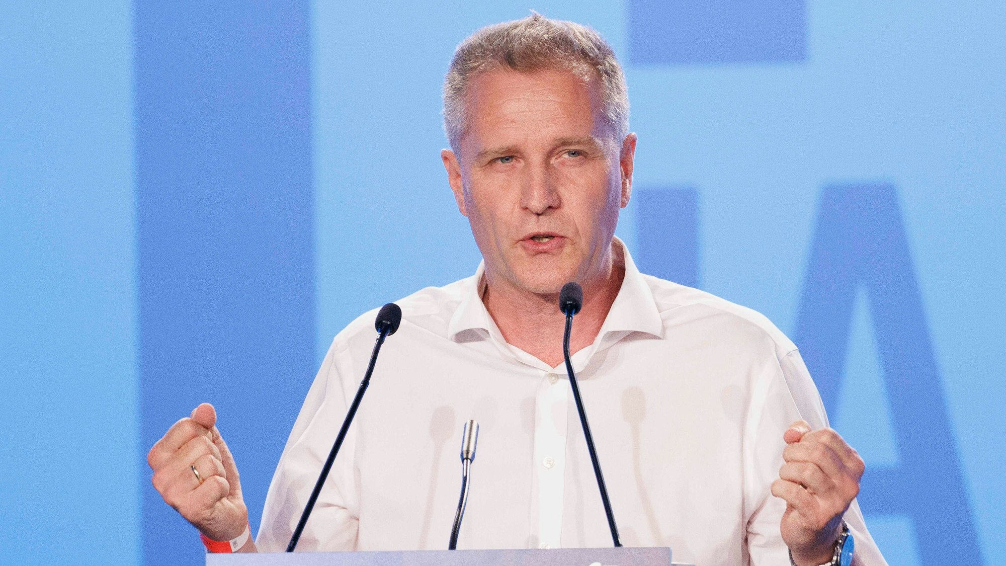 Der Bundestagsabgeordnete Petr Bystron (AfD) spricht bei der Europawahlversammlung der AfD in der Messe Magdeburg.