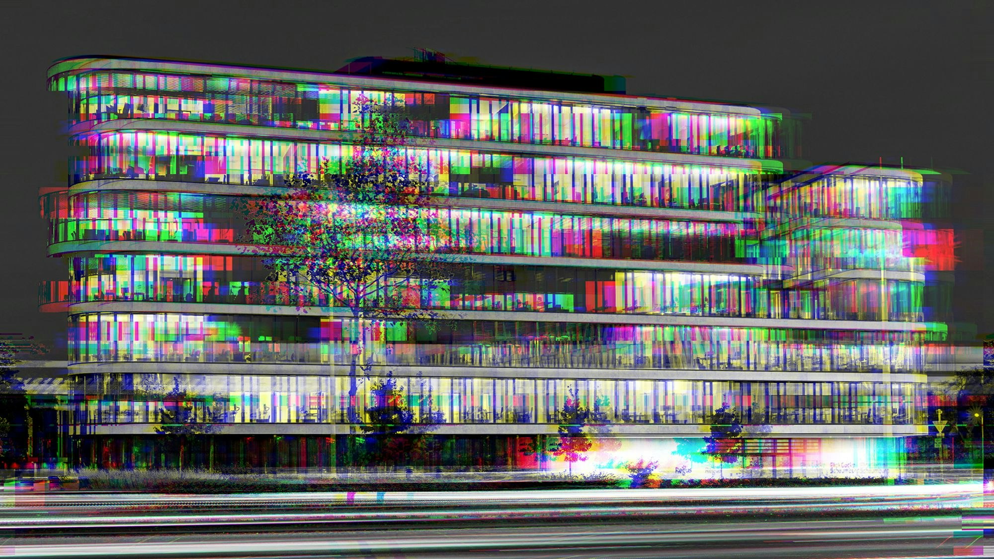 Eine farbig verfremdete Aufnahme eines modernen Bürogebäudes.