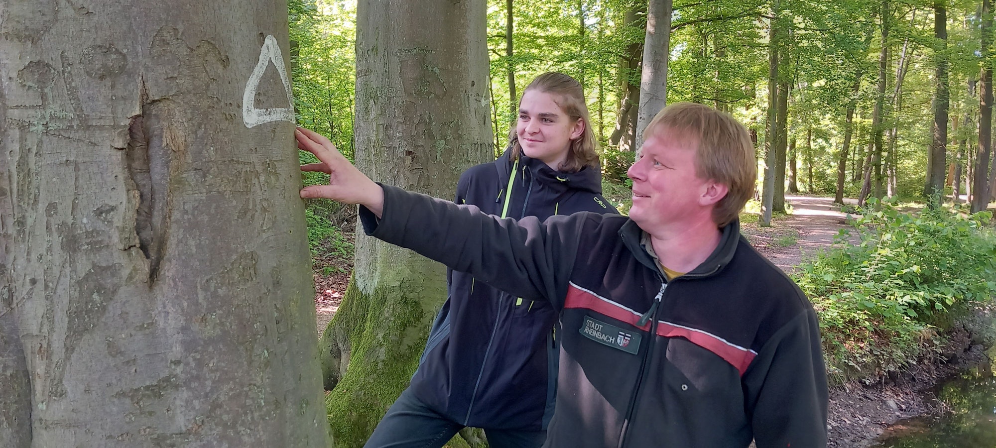 Forstamt Rheinbach markiert Bäume mit weißem Dreieck. Förster Sebastian Tölle (41) mit Tagespraktikant Patrick Bohnhoff (17)