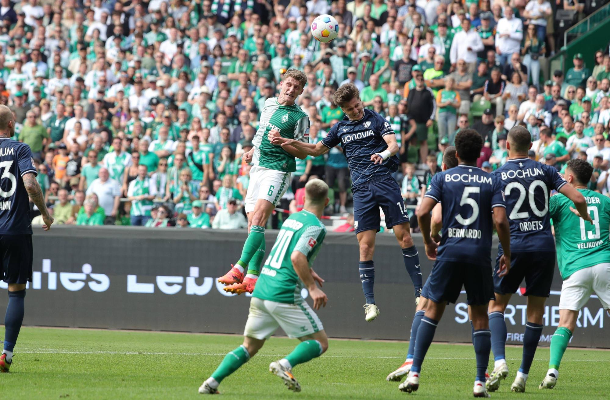 GER, 1.FBL SV Werder Bremen vs. VfL Bochum / 18.05.2024, wohninvest Weserstadion, Bremen, GER, 1.FBL SV Werder Bremen vs. VfL Bochum im Bild / picture shows Zweikampf / Kopfball. Kopfballduell zwischen Jens Stage Werder Bremen 06 und Tim Oermann VfL Bochum 14 *** GER, 1 FBL SV Werder Bremen vs VfL Bochum 18 05 2024, wohninvest Weserstadion, Bremen, GER, 1 FBL SV Werder Bremen vs VfL Bochum in the picture picture shows duel header header duel between Jens Stage Werder Bremen 06 and Tim Oermann VfL Bochum 14 nordphotoxGmbHx/xTauchnitz nph00059
