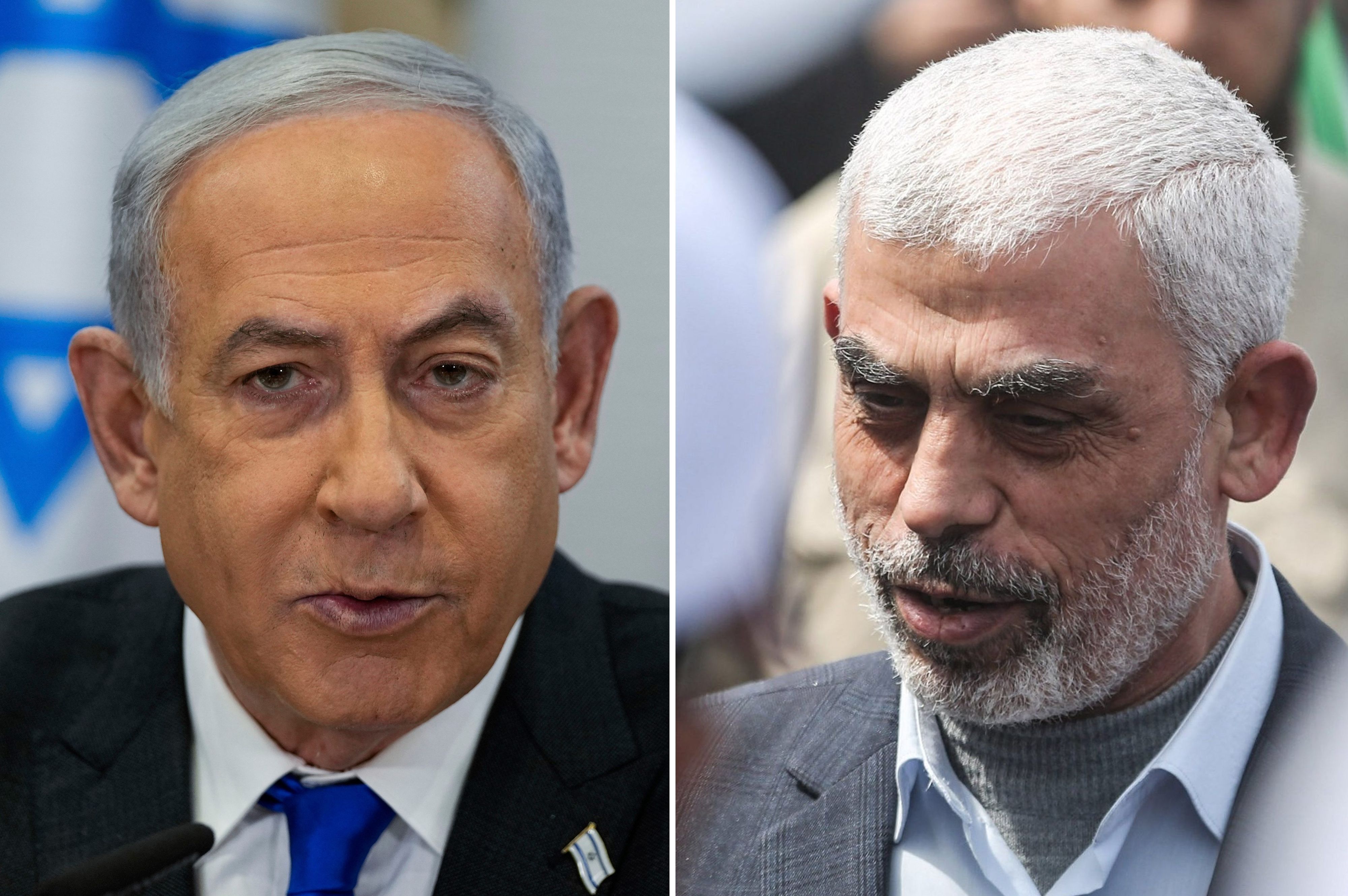 Die Bildkombo zeigt Benjamin Netanjahu, Ministerpräsident von Israel (l.) und den Anführer der Terrororganisation Hamas im Gazastreifen, Jihia al-Sinwar (r.).