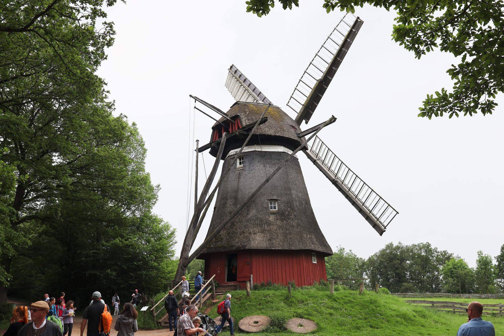 Das Bild zeigt Kappenwindmühle im LVR-Freilichtmuseum in Kommern. Mehrere Besucher stehen davor.