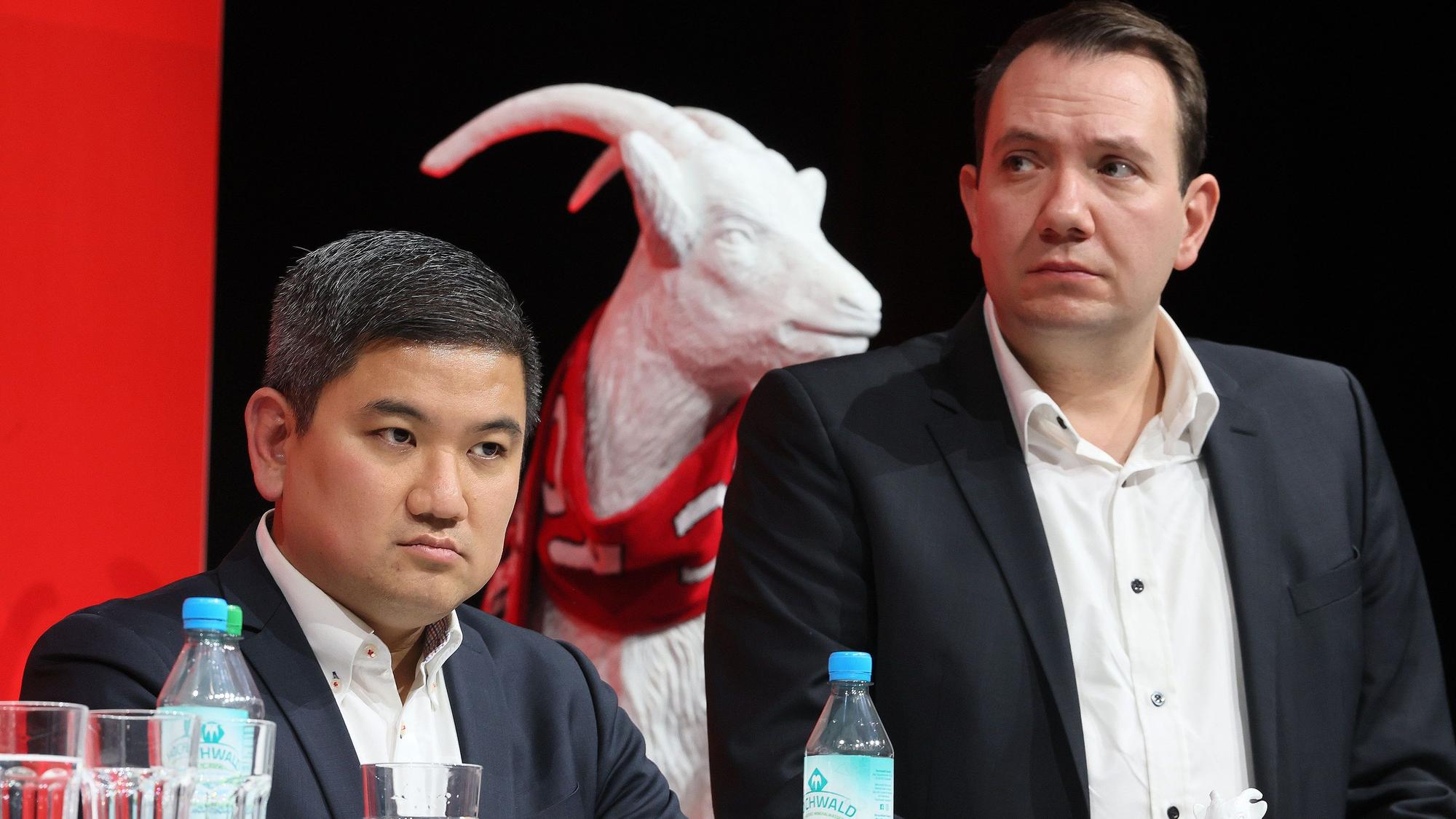 1. FC Köln, MMC-Studios, Mitgliederstammtisch, von links: Ho-Yeon Kim, Fabian Schwab (1. FC Köln). 10.01.2024, Bild: Herbert Bucco