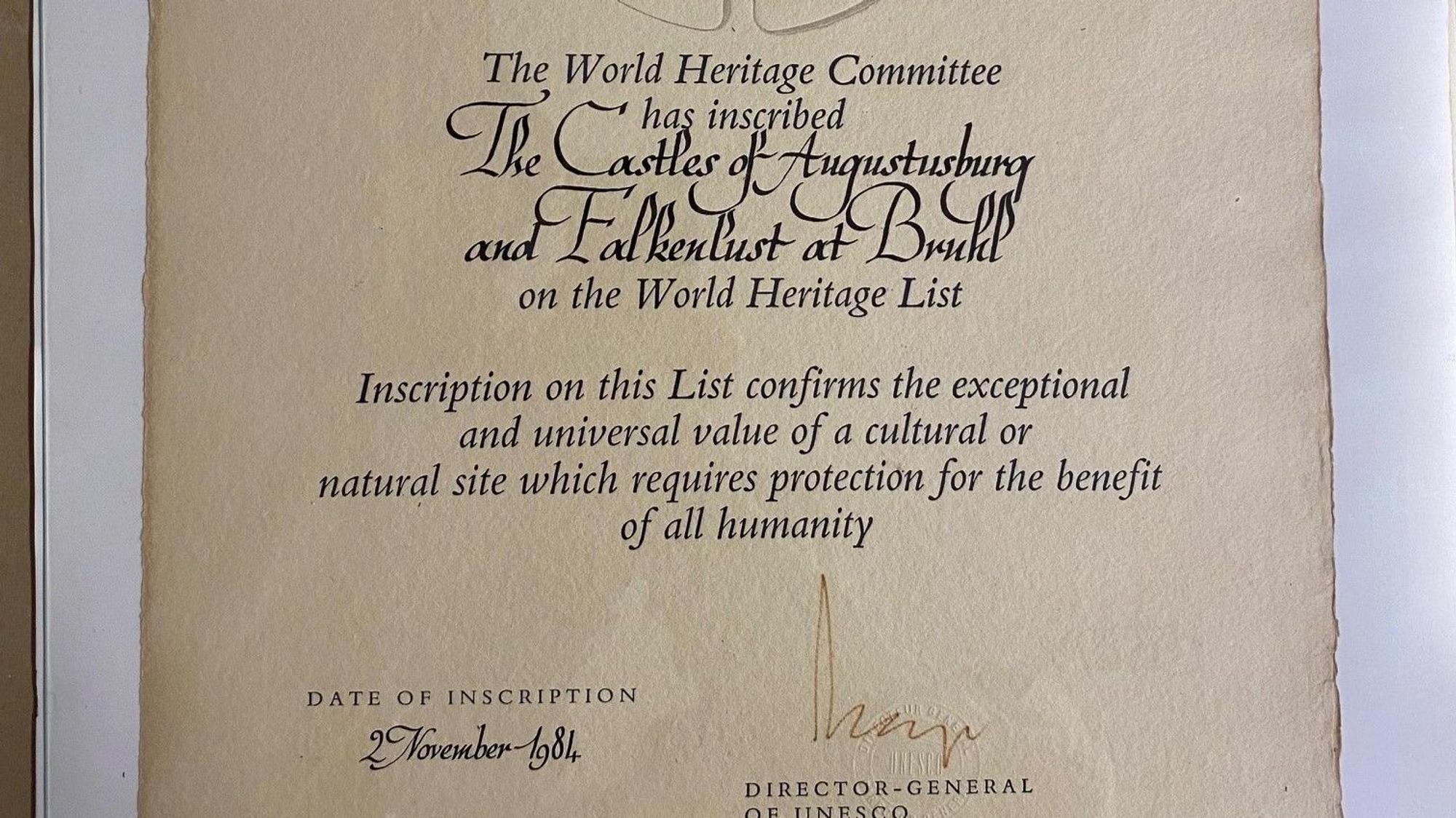 Zu sehen ist die Urkunde der Unesco.