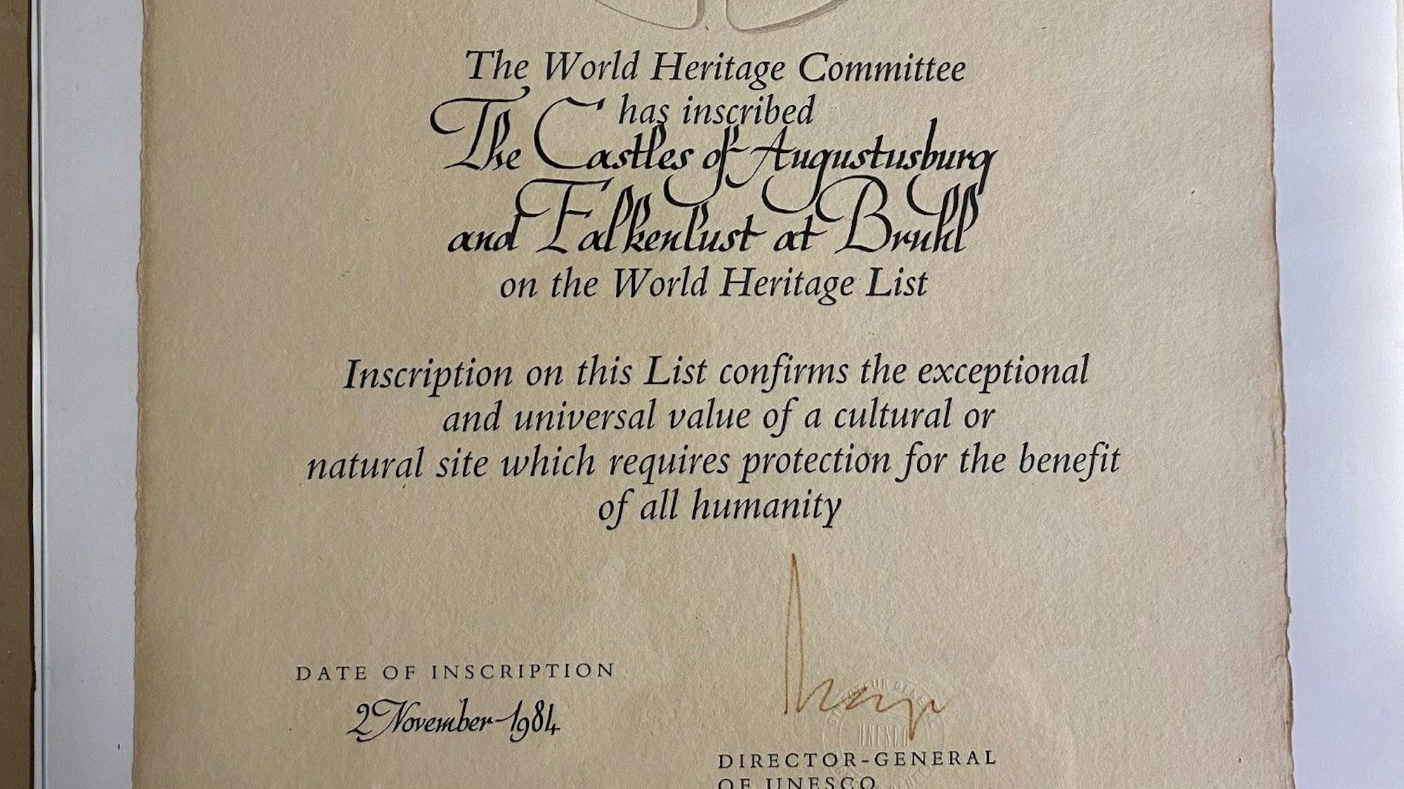 Zu sehen ist die Urkunde der Unesco.