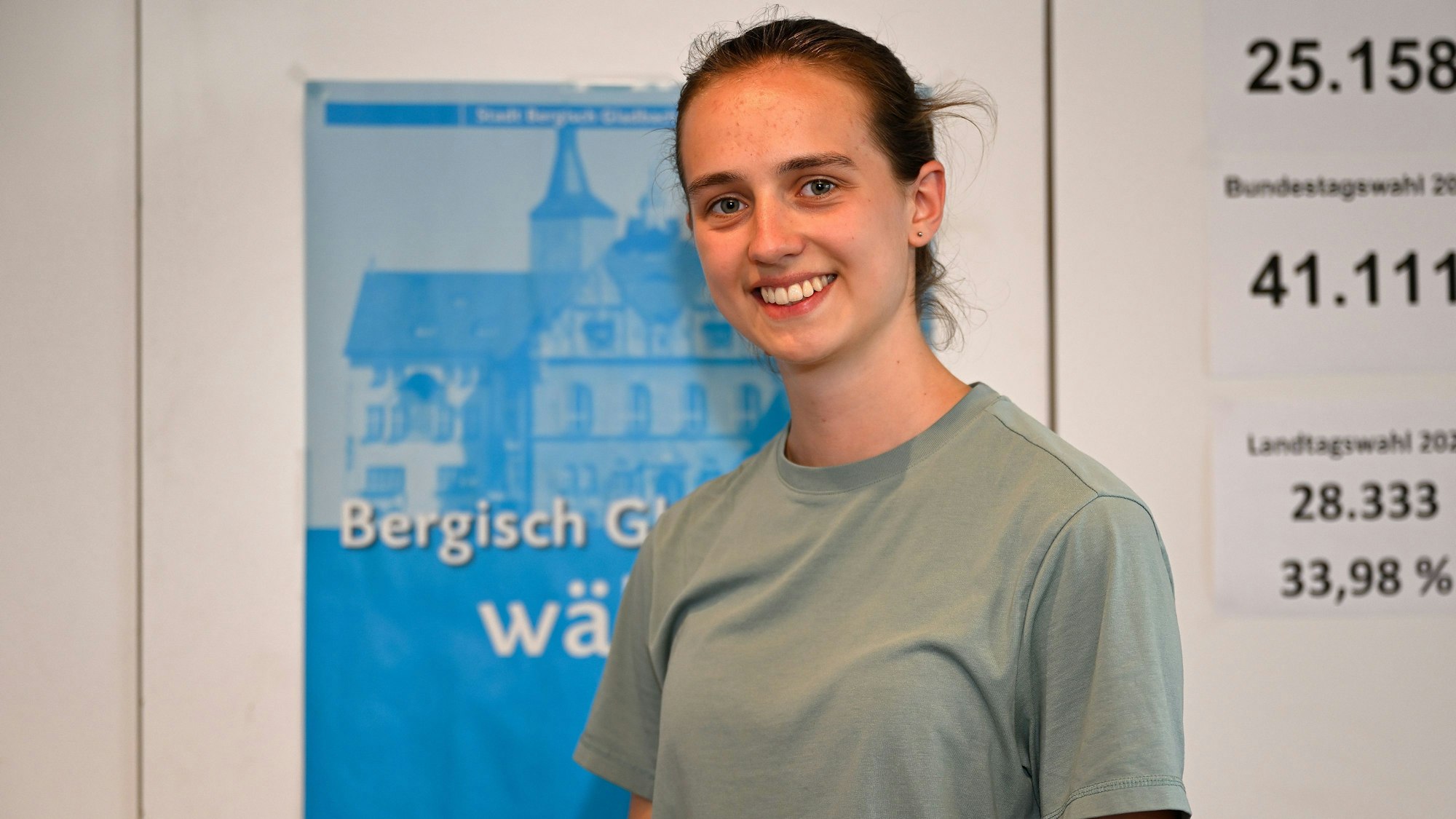 Porträtfoto von Anne Stößel vor dem Hintergrund eines Plakats zur Europawahl.