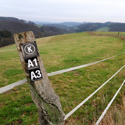 Bei Kürten-Biesfeld prangen Wanderwegemarkierungen auf einem Zaunpfahl.