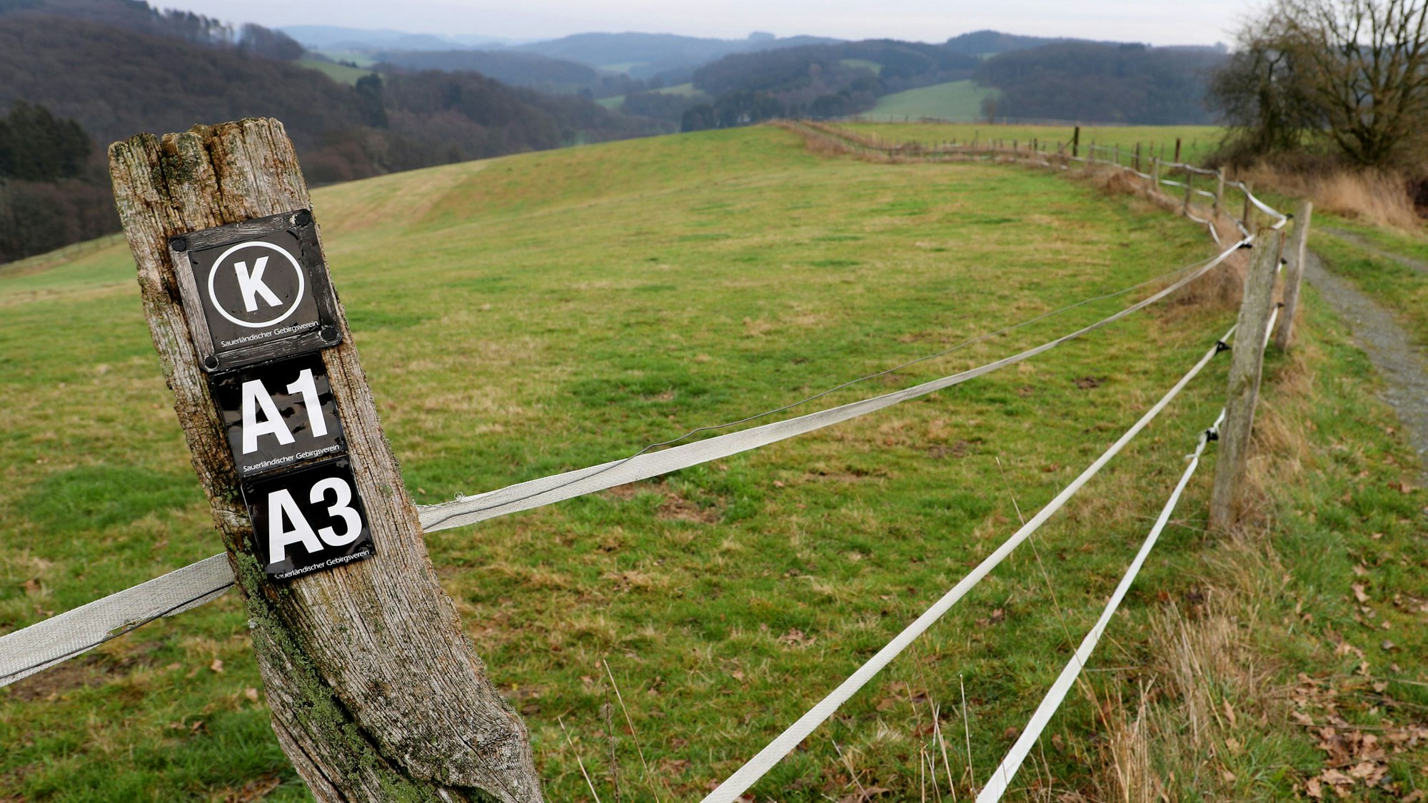 Bei Kürten-Biesfeld prangen Wanderwegemarkierungen auf einem Zaunpfahl.