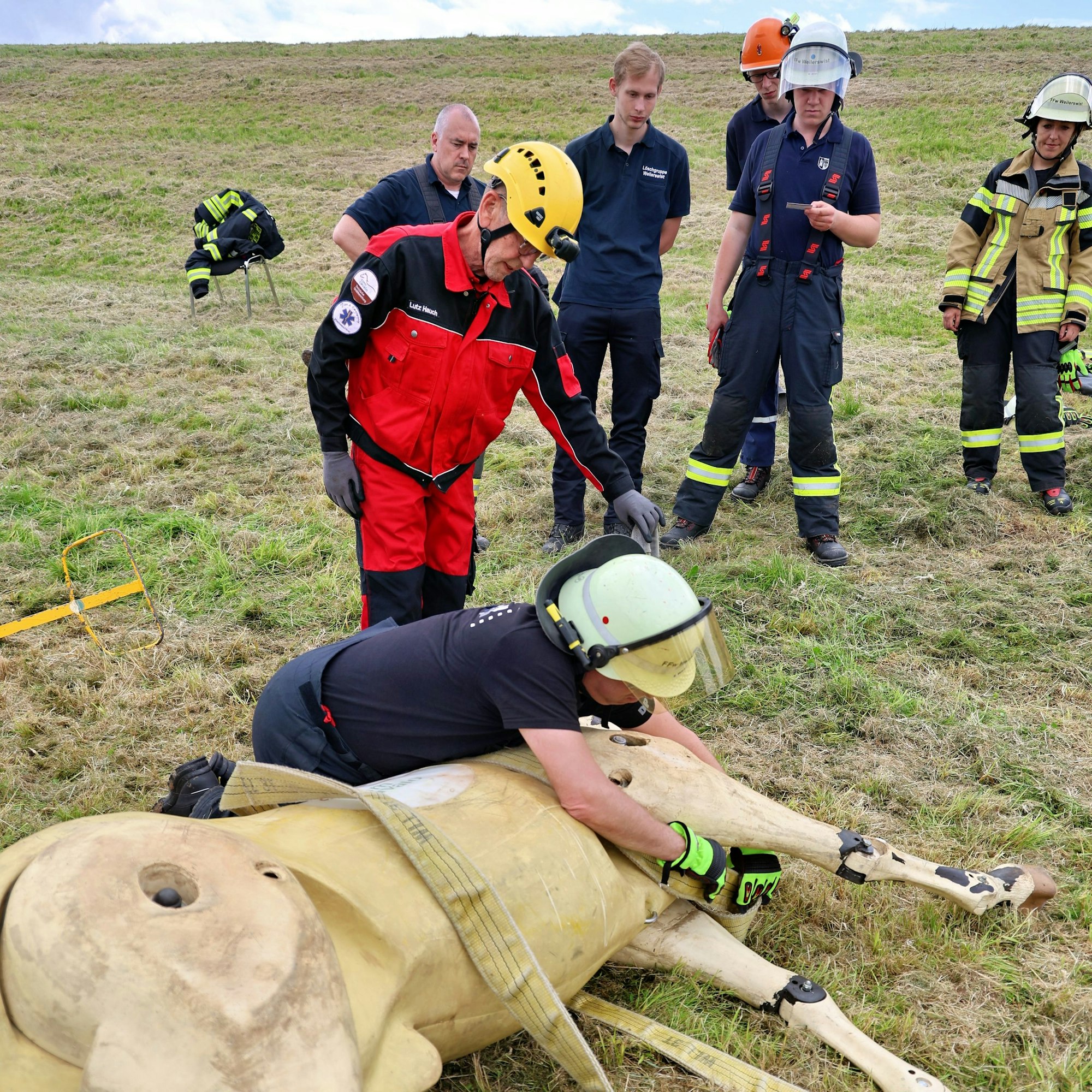 Ein Feuerwehrmann zieht in der sicheren Position vom Rücken des liegenden Pferdes aus die Gurte durch die Beine des Tieres. Der Trainer und weitere Feuerwehrleute schauen zu.