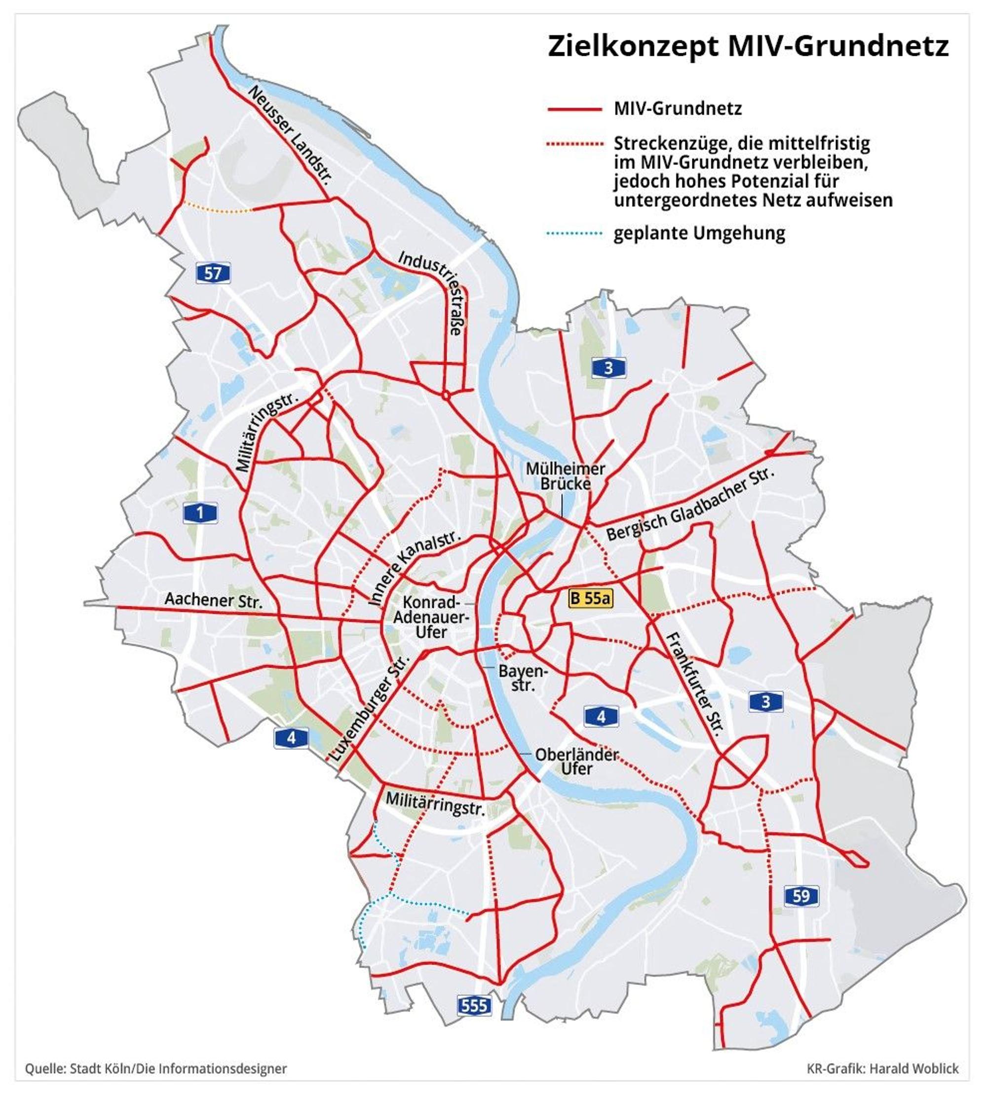 Die Karte zeigt das von der Verwaltung geplante MIV-Grundnetz für die Stadt Köln.