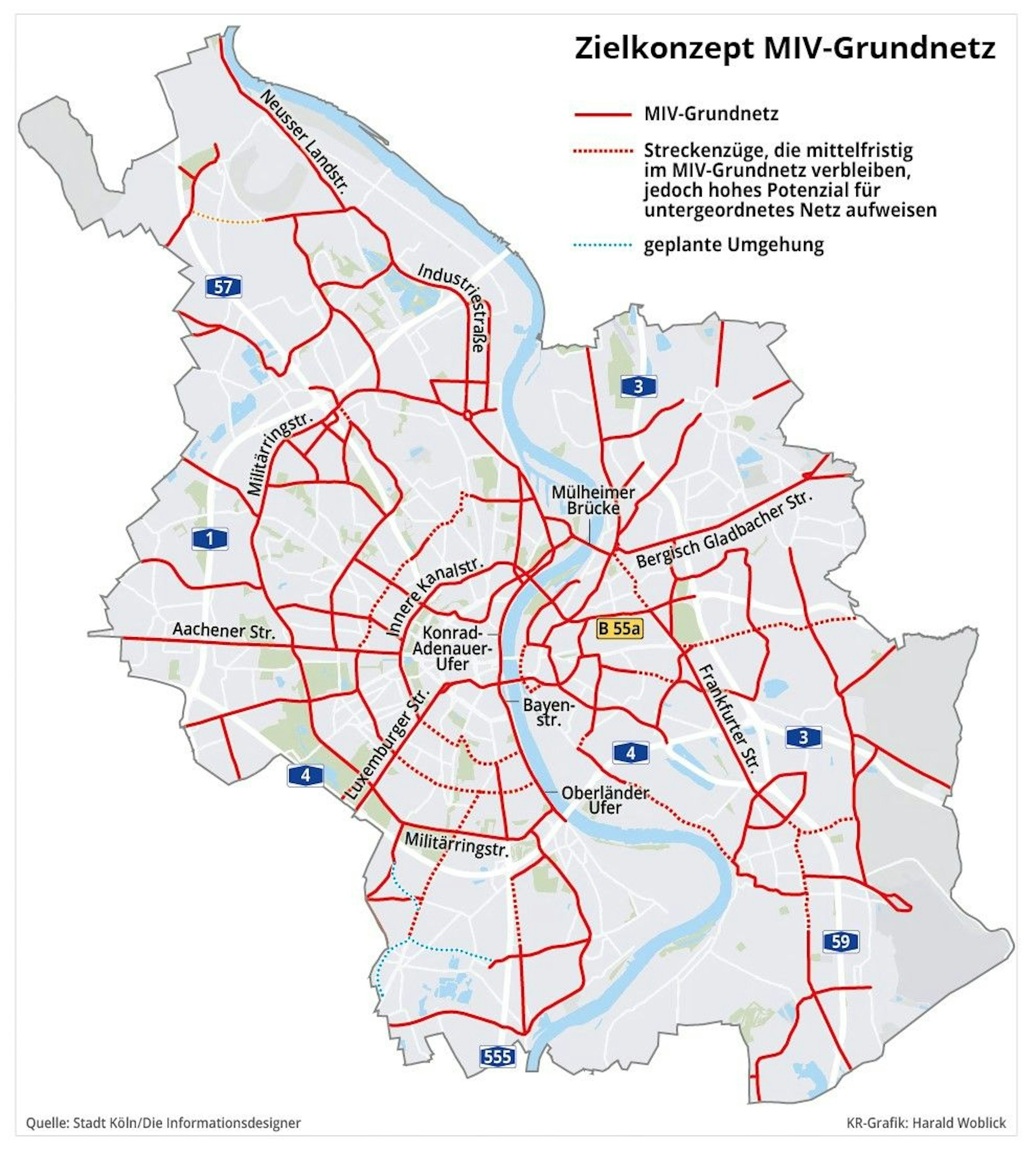 Die Karte zeigt das von der Verwaltung geplante MIV-Grundnetz für die Stadt Köln.