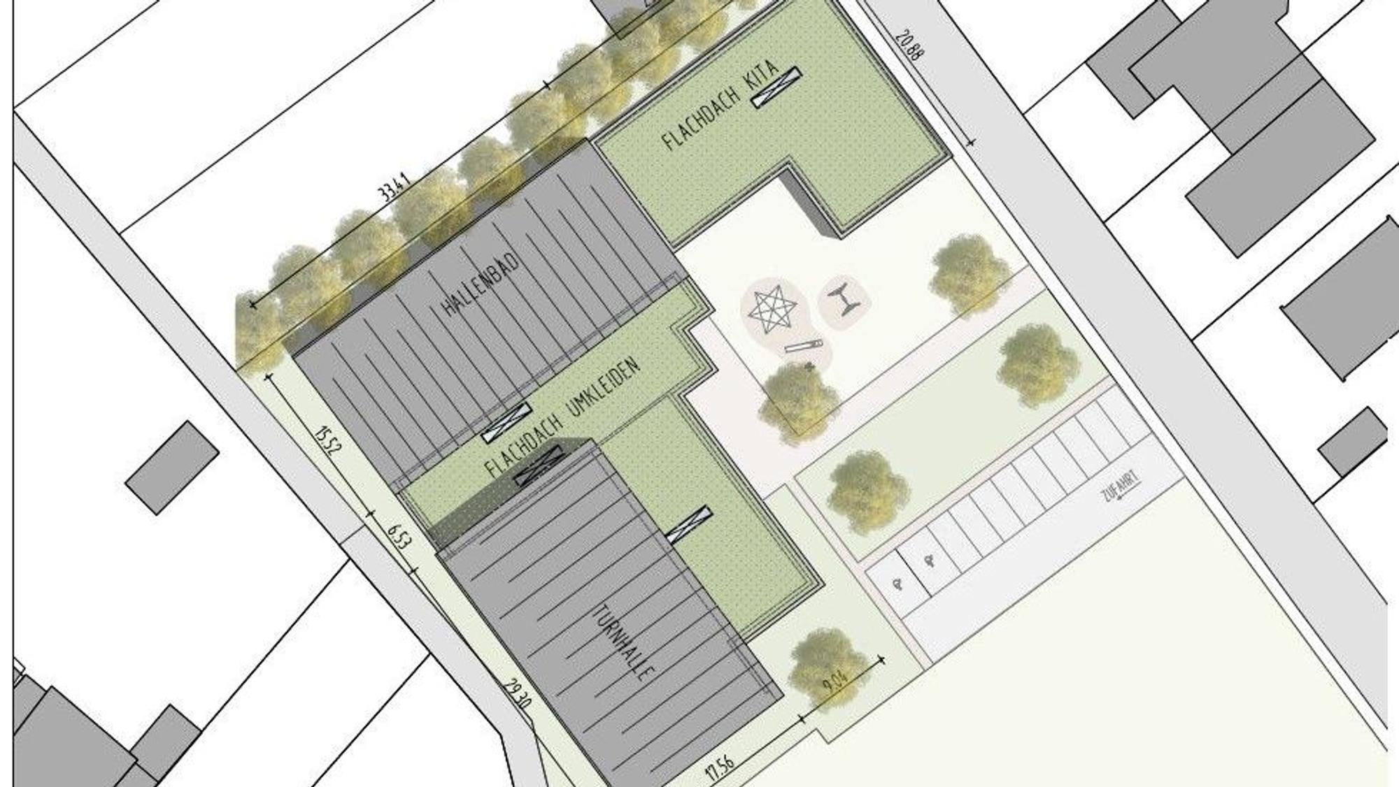 Ein Planentwurf zeigt das Bad und die Kita nebeneinander und die angrenzende Turnhalle.