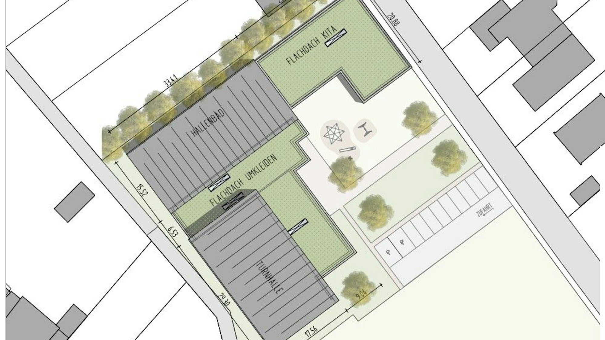 Ein Planentwurf zeigt das Bad und die Kita nebeneinander und die angrenzende Turnhalle.