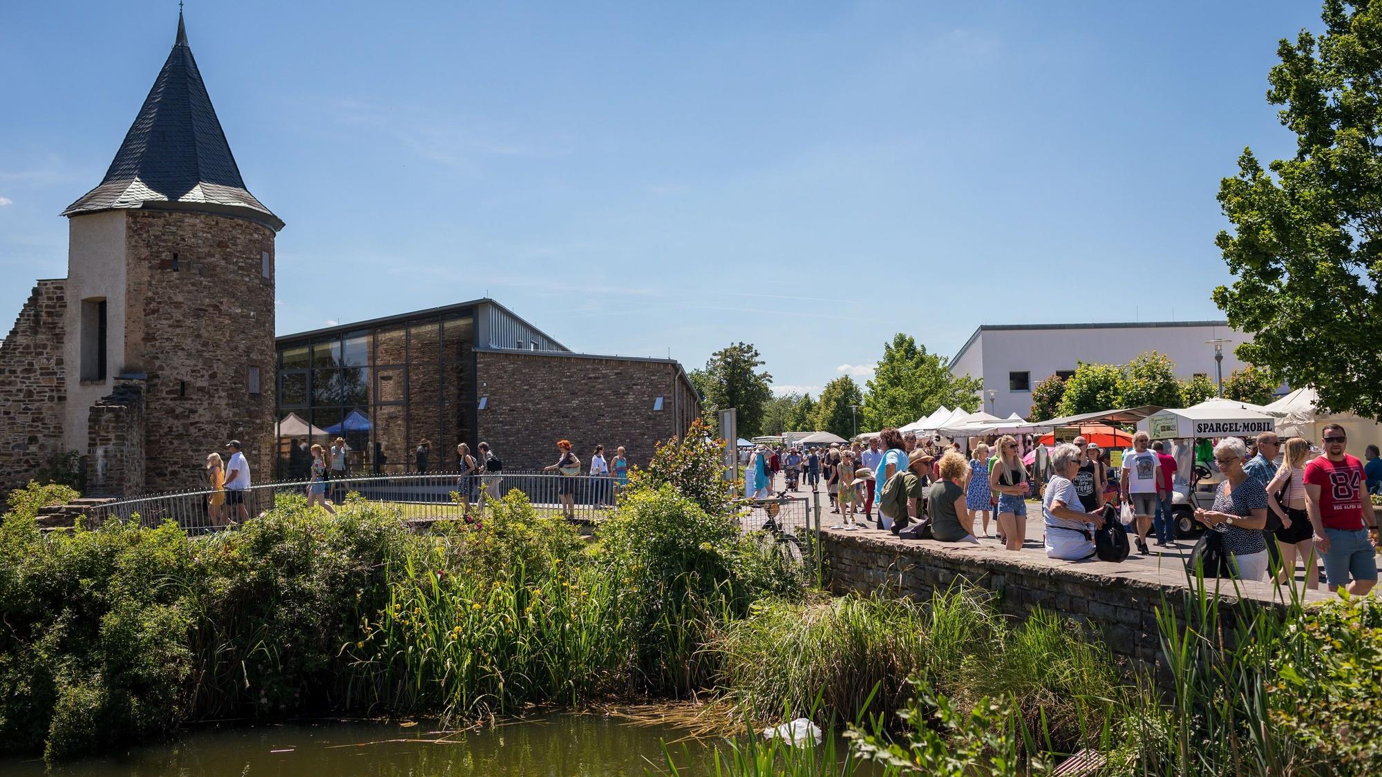 Ein Archivbild zeigt den Wollmarkt auf dem Museumsgelände – mit Publikum, Verkaufsständen, einem Teich im Vordergrund und dem Gästehaus Mottenburg im Hintergrund.