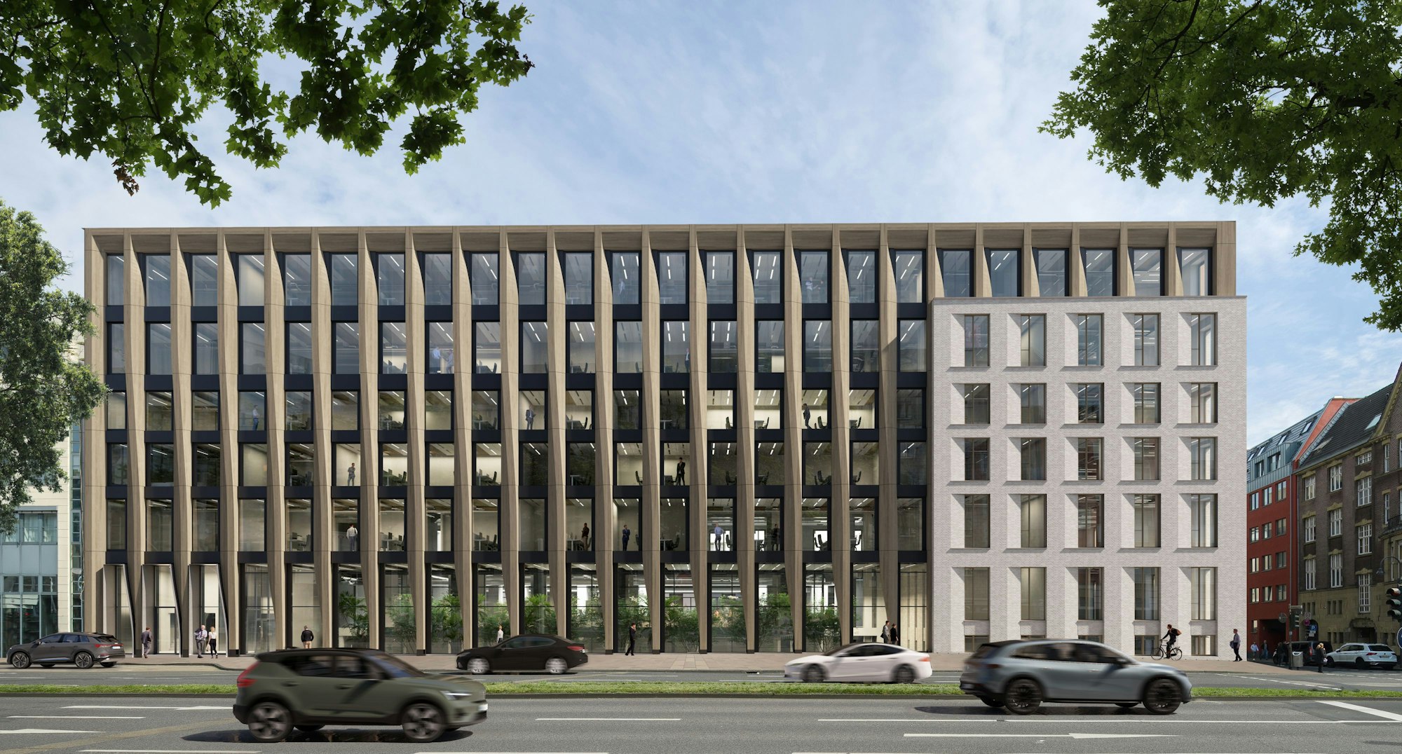 Zwei unterschiedlich gestaltete Seiten trennen den Bestandsbau in Klinker (rechts) vom Erweiterungsbau in Holzbauweise.