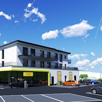 Diese Visualisierung zeigt, wie das Wohn- und Geschäftshaus mit dem Netto-Markt aussehen soll.
