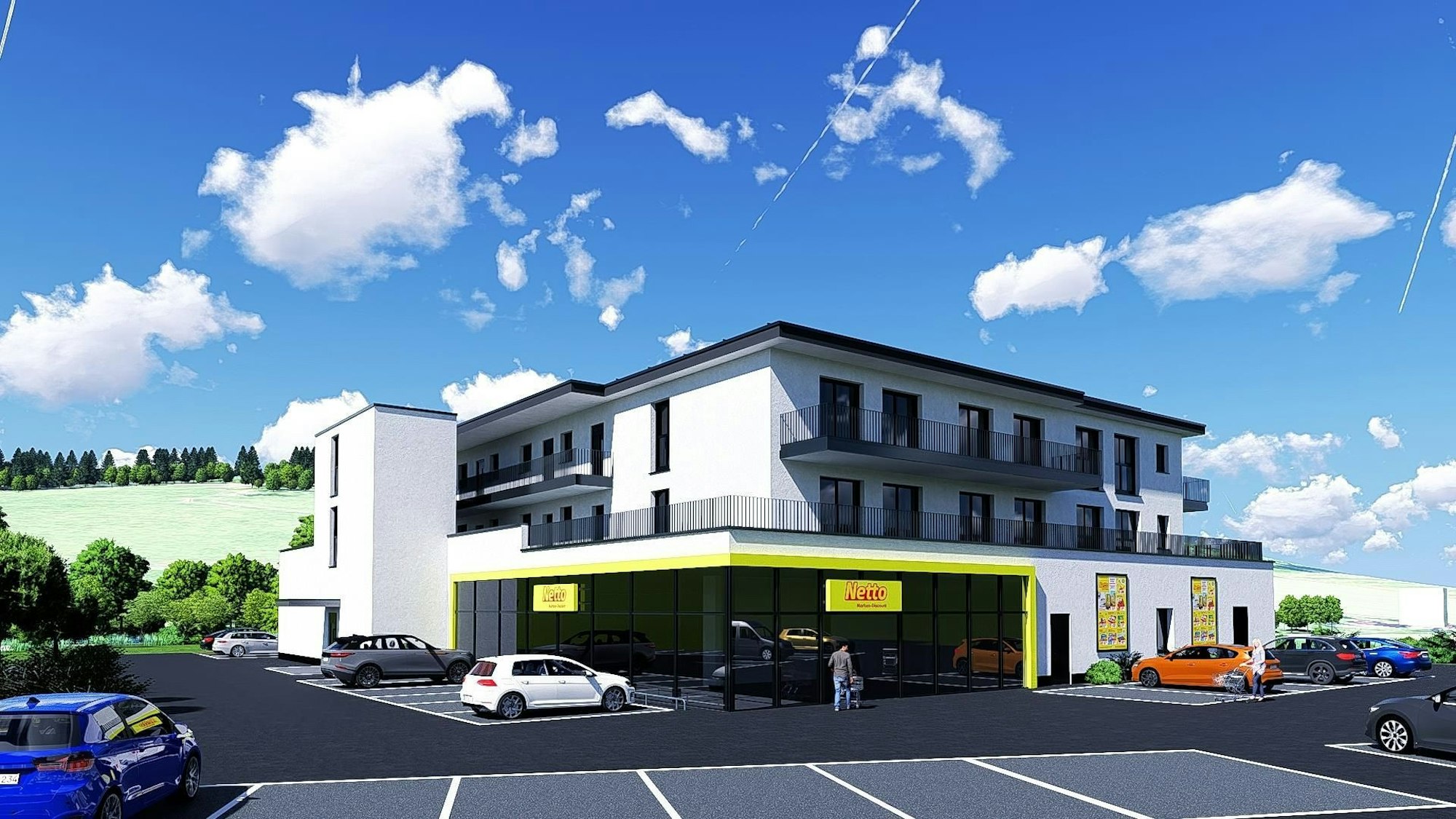 Diese Visualisierung zeigt, wie das Wohn- und Geschäftshaus mit dem Netto-Markt aussehen soll.