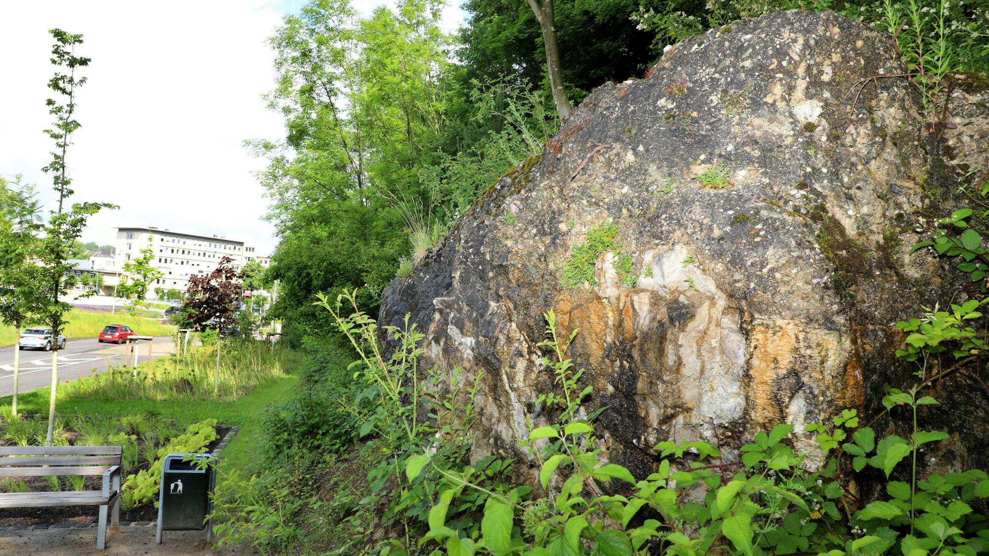 Im Vordergrund ist ein Kalkfelsen am Bürgerwald Bergisch Gladbach zu sehen, hinten links das Stadthaus.
