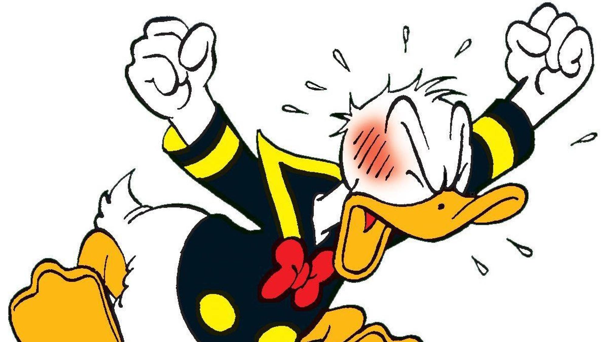 HANDOUT - 03.06.2024, ---, --: Der Comic-Held Donald Duck in wütender Pose (undatiertes Handout).
Donald Duck regt sich auf. (zu dpa: «Donald Duck wird 90 Jahre alt») Foto: Ehapa Egmont Media/dpa - Honorarfrei nur für Bezieher des Dienstes dpa-Nachrichten für Kinder +++ dpa-Nachrichten für Kinder +++