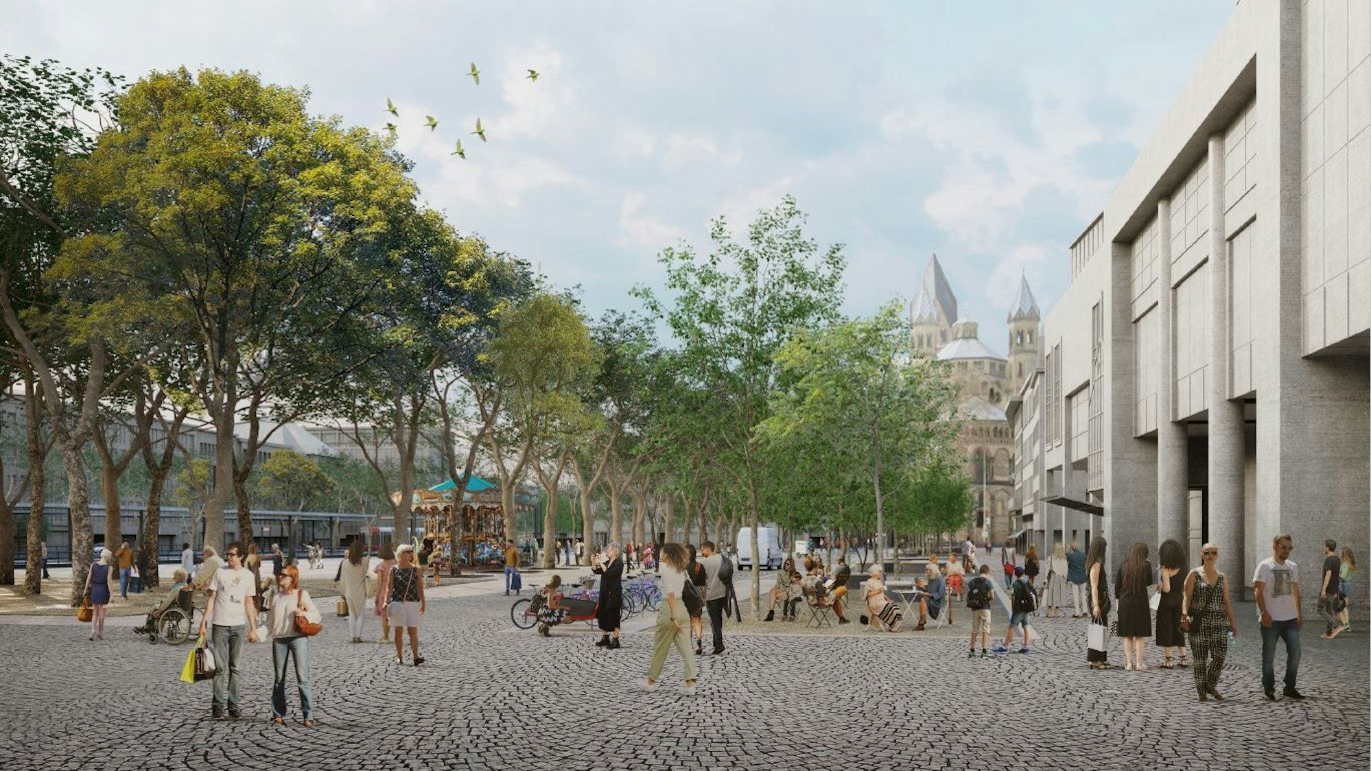 Eine gute Aufenthaltsqualität hätte der nördliche Teil des Neumarktes auch bei Realisierung der oberirdischen Linienführung, wie diese Visualisierung zeigt. Im südlichen Teil verlaufen vier ebenerdige Gleise. Im nördlichen Teil sind Baumreihen und Sitzplätze sowie Fahrradständer zu sehen, im Hintergrund steht ein Kinderkarussell.