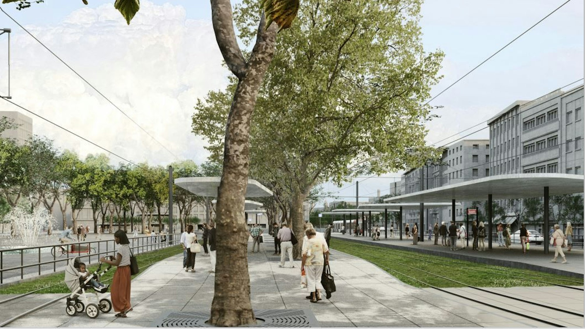 Der südliche Teil des Neumarkts mit vier Gleisen und zwei Mittelbahnsteigen. Der nördliche Teil links im Bild bliebe autofrei und würde mit Bäumen und Sitzgelegenheiten gestaltet. Die Bahnsteige sind mit Flachdächern mit abgerundeten Ecken versehen, Pflaster und Dächer sind in hellen Grautönen gehalten. Die Gleise liegen in einem Rasenbett.