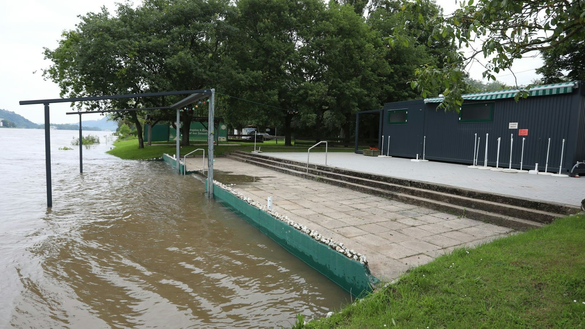 Das Wasser des Rheins schwappt nahe an einen schwarzen Container heran.