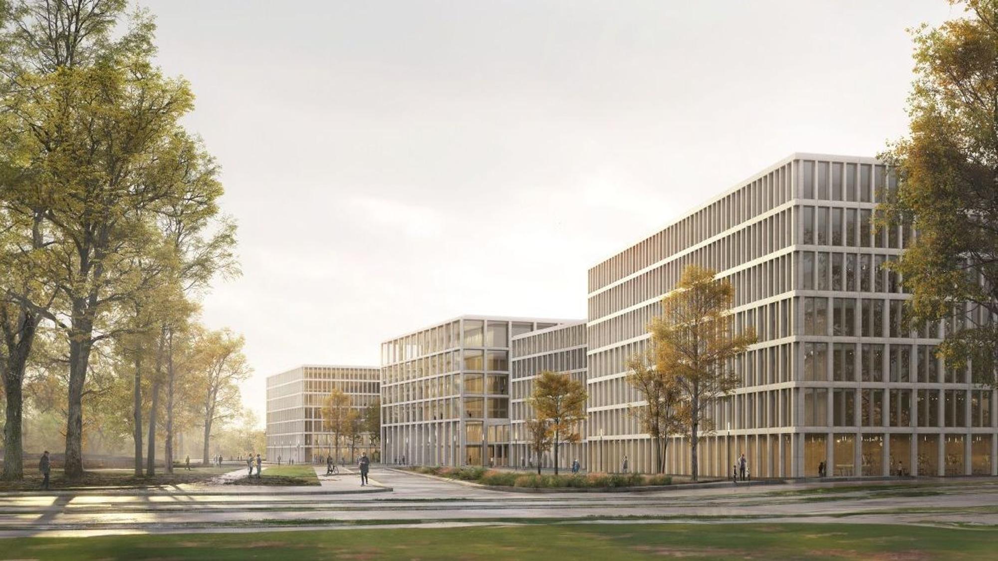 Der Siegerentwurf von HPP Architekten für den neuen Justizkomplex sieht fünf miteinander verbundene moderne Bauten in Sülz vor.