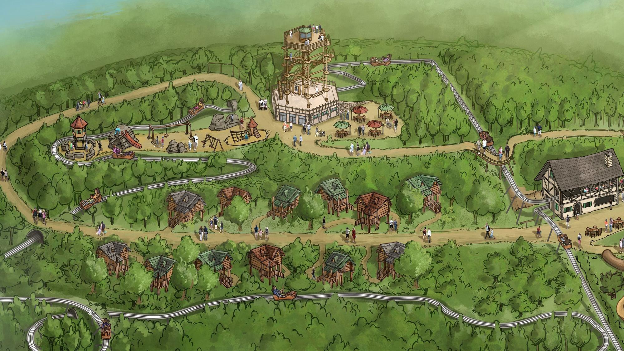 Übersicht über in mehreren Etappen geplante Attraktionen im geplanten Erlebnispark Eckenhagen mit Sommerrodelbahn und Kletterturm.