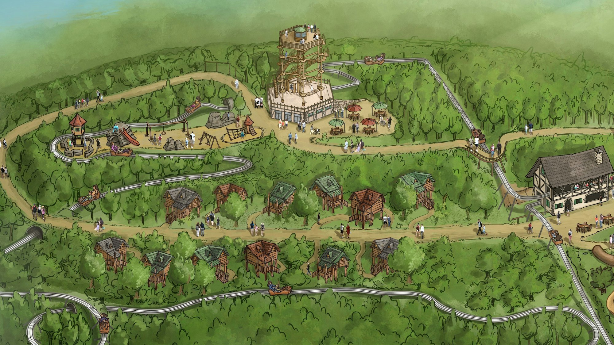 Übersicht über in mehreren Etappen geplante Attraktionen im geplanten Erlebnispark Eckenhagen mit Sommerrodelbahn und Kletterturm.