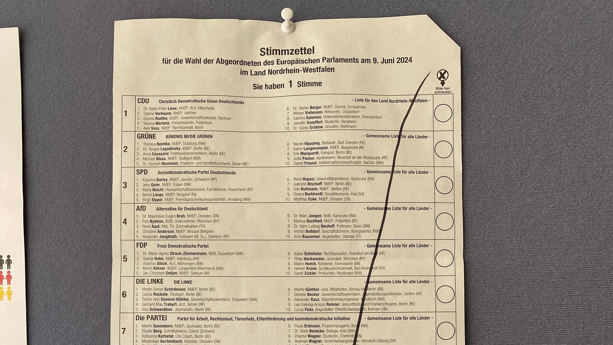 Ein Muster-Wahlzettel hängt vor dem Wahlbüro in Bornheim aus.