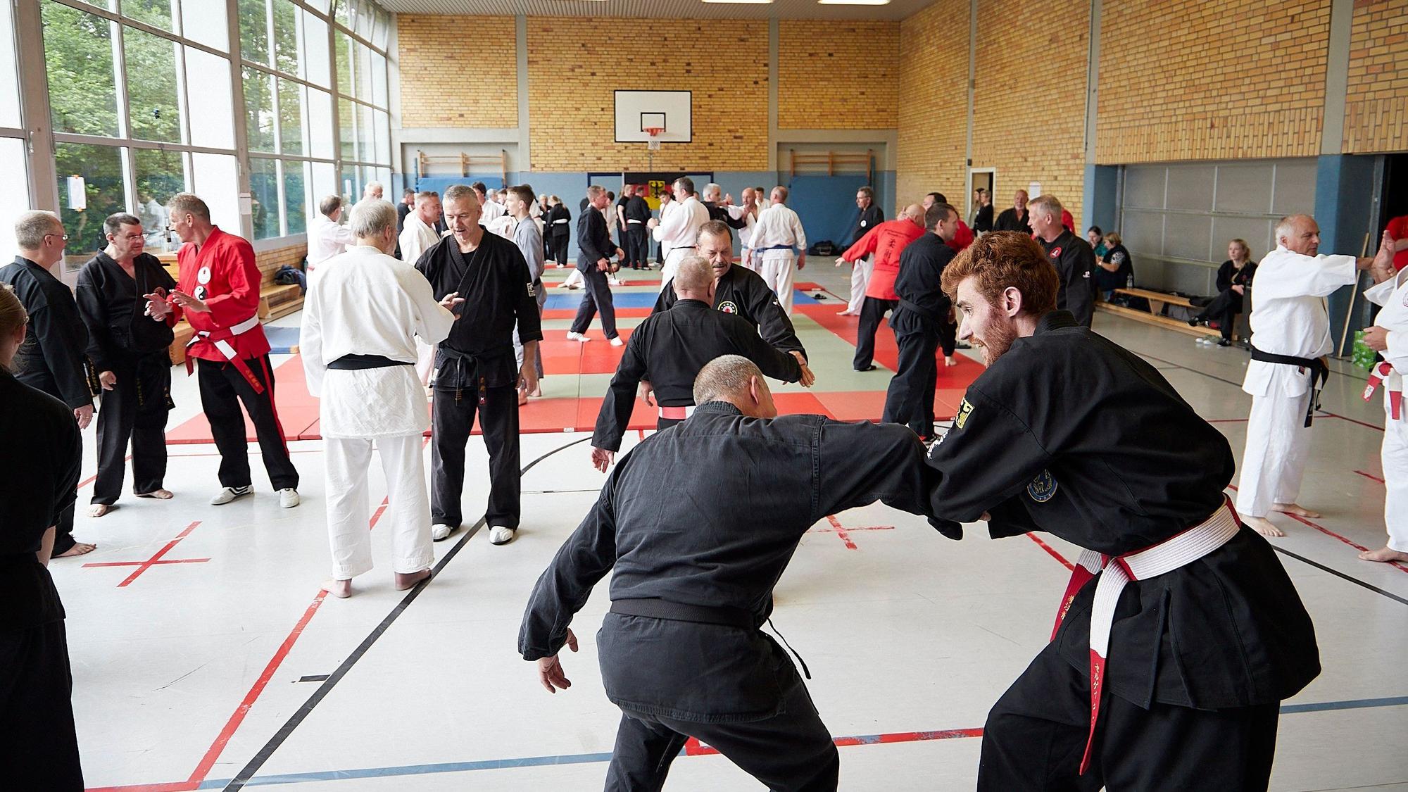 Zahlreiche Kampfsportler in schwarzen, weißen oder roten Anzügen trainieren in einer Sporthalle.