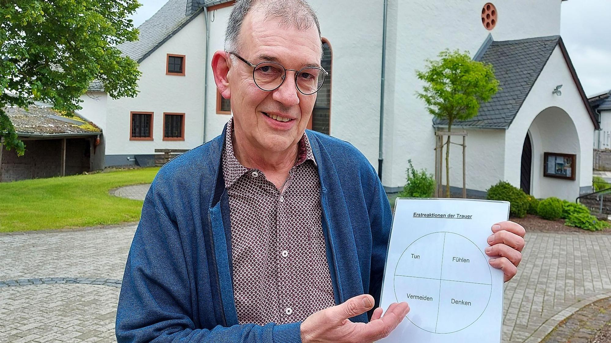 Martin Westenburger ist Pastoralreferent der GdG Blankenheim/Dahlem. Er steht vor der Kirche in Freilingen und hält ein Schaubild in der Hand.