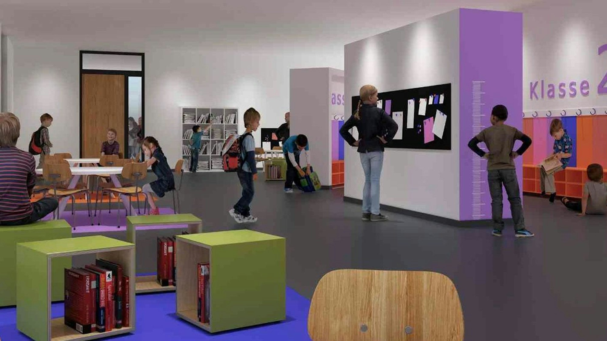 Die Visualisierung zeigt eine Konzeption mit offenen Lernlandschaften und flexiblen Klassenräumen für eine Grundschule.