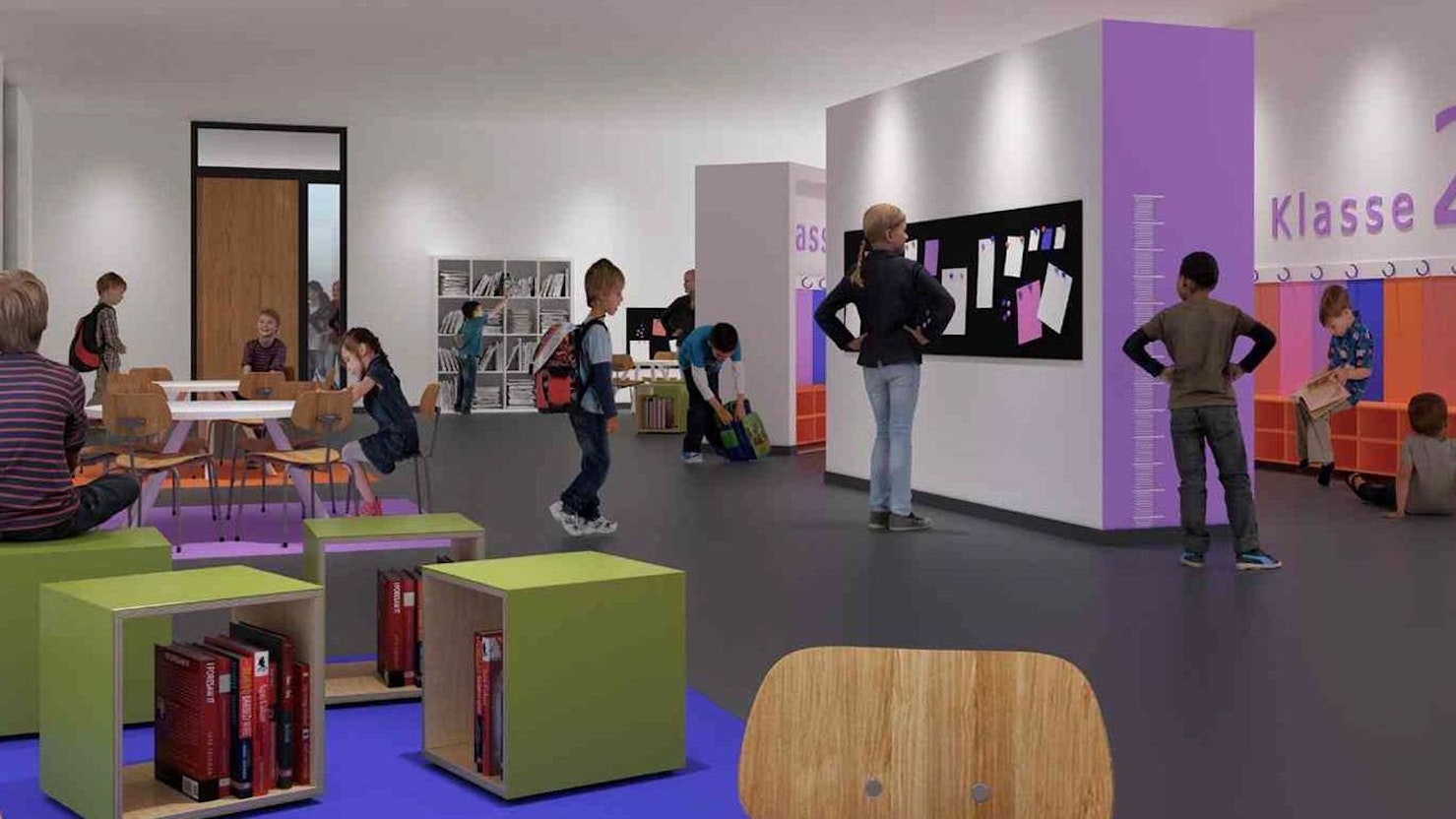 Die Visualisierung zeigt eine Konzeption mit offenen Lernlandschaften und flexiblen Klassenräumen für eine Grundschule.