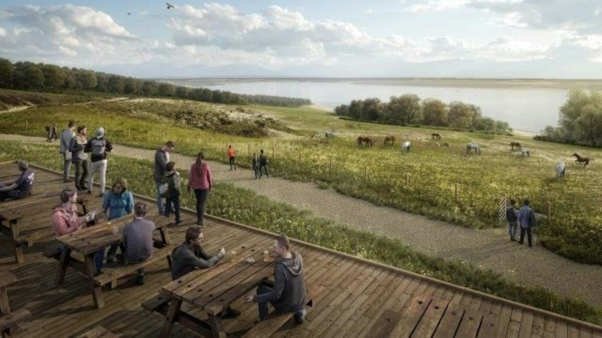 Auf der Animation sind Ausflügler auf der Sophienhöhe zu sehen. Im Hintergrund grasen Pferde.