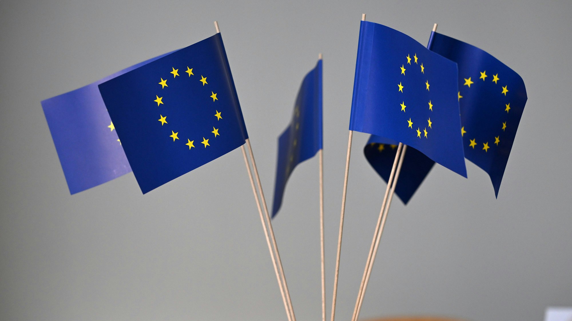 Kleine Europafahnen im Europäischen Informations-Zentrum (EIZ) in der Thüringer Landeshauptstadt.