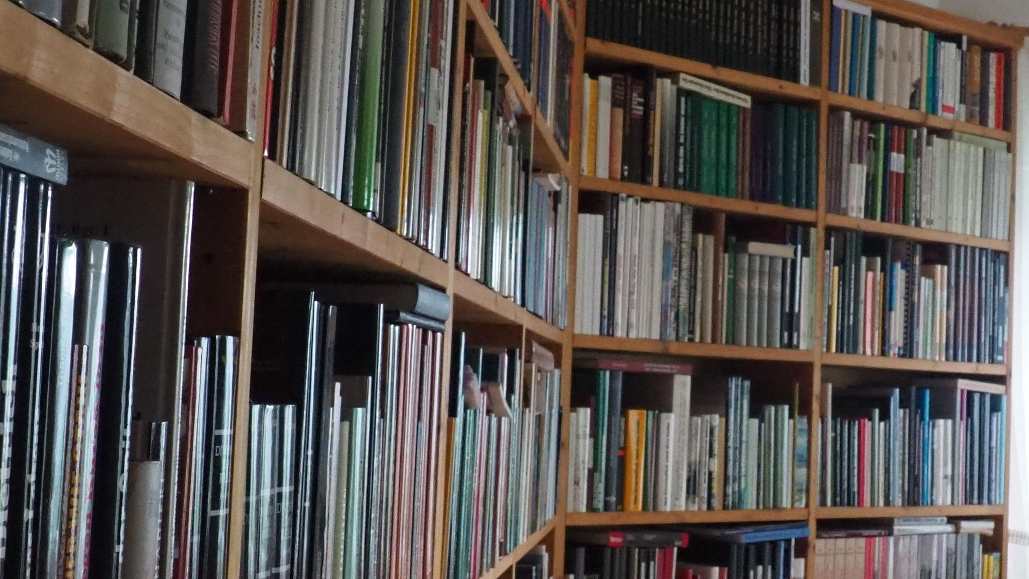 In großen Regalen stehen viele Bücher in dichten Reihen.
