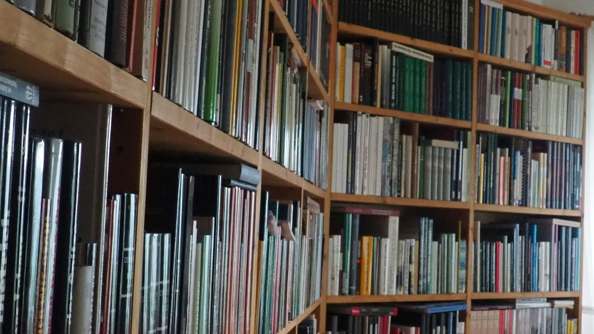 In großen Regalen stehen viele Bücher in dichten Reihen.