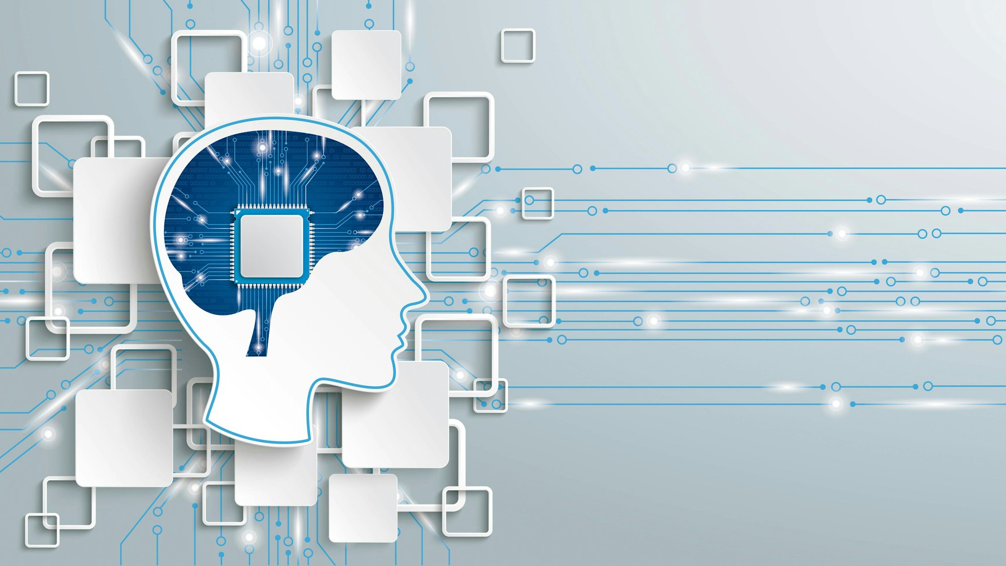 Illustration: Silhouette eines Kopfs, in dem ein Chip zu sehen ist