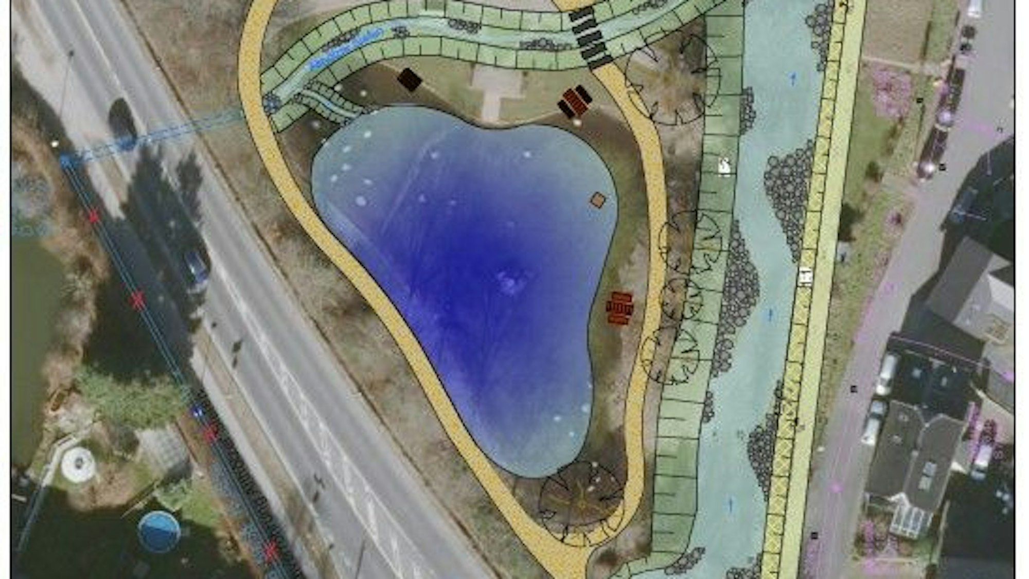 Der Lauterbach mäandert neben dem Teich im Park und hat so Überschwemmungszonen.