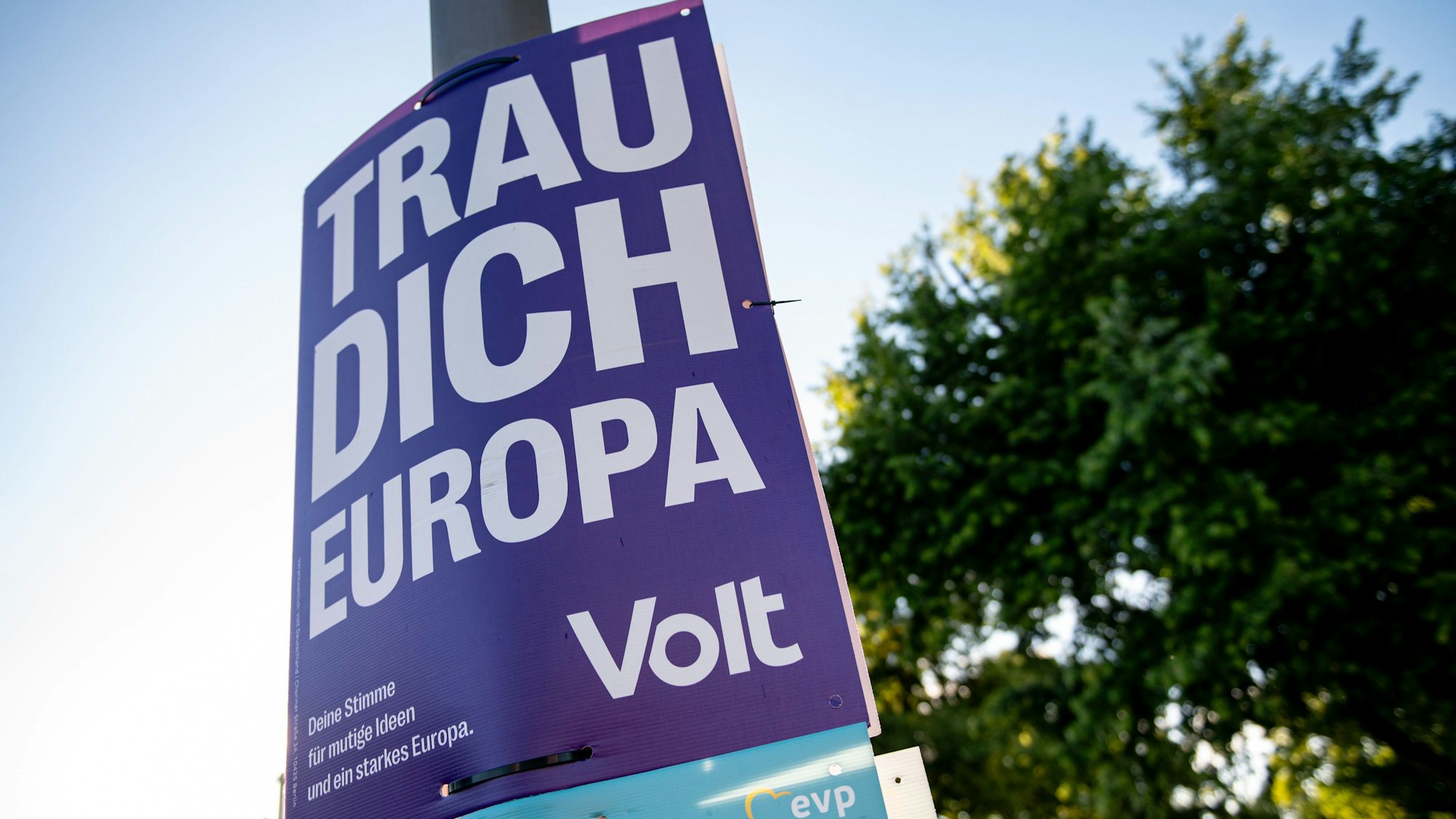 Ein Wahlplakat der Partei «Volt» hängt an einer Straßenlaterne.