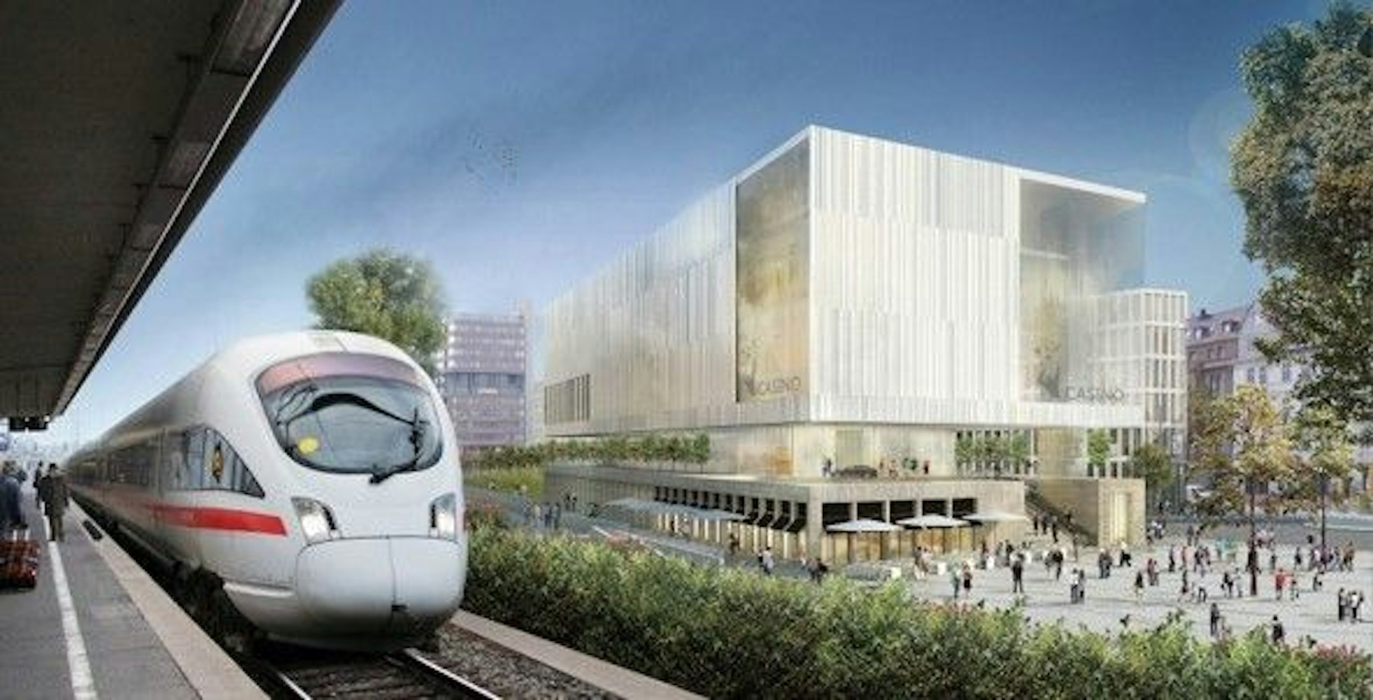 Die Visualisierung zeigt den Entwurf von AIP Architekten für das Casino-Gebäude mit Blickwinkel von den Bahnhofsgleisen.