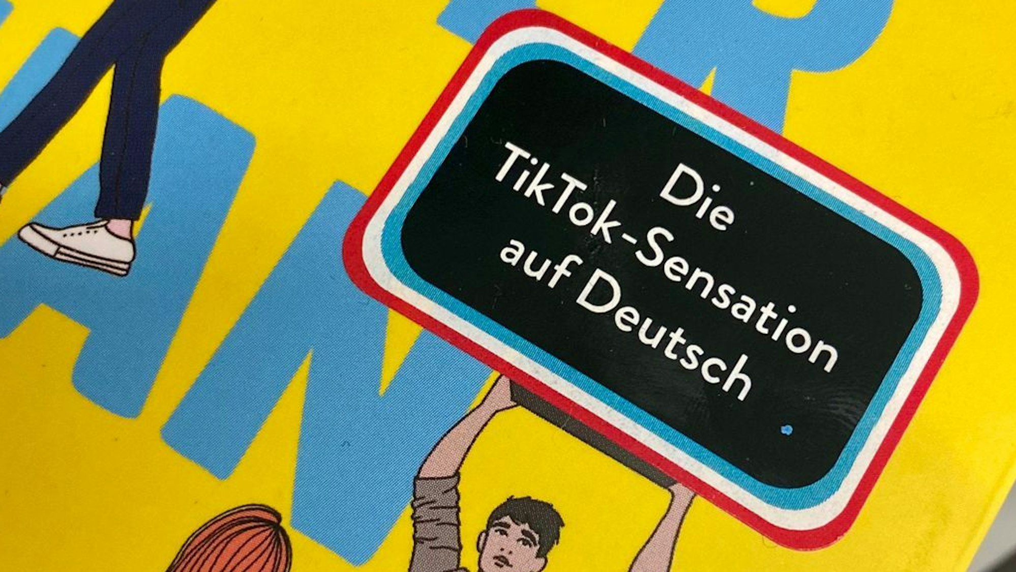 Auf einem Buch klebt ein Aufkleber mit der Aufschrift „Die TikTok-Sensation auf Deutsch“.
