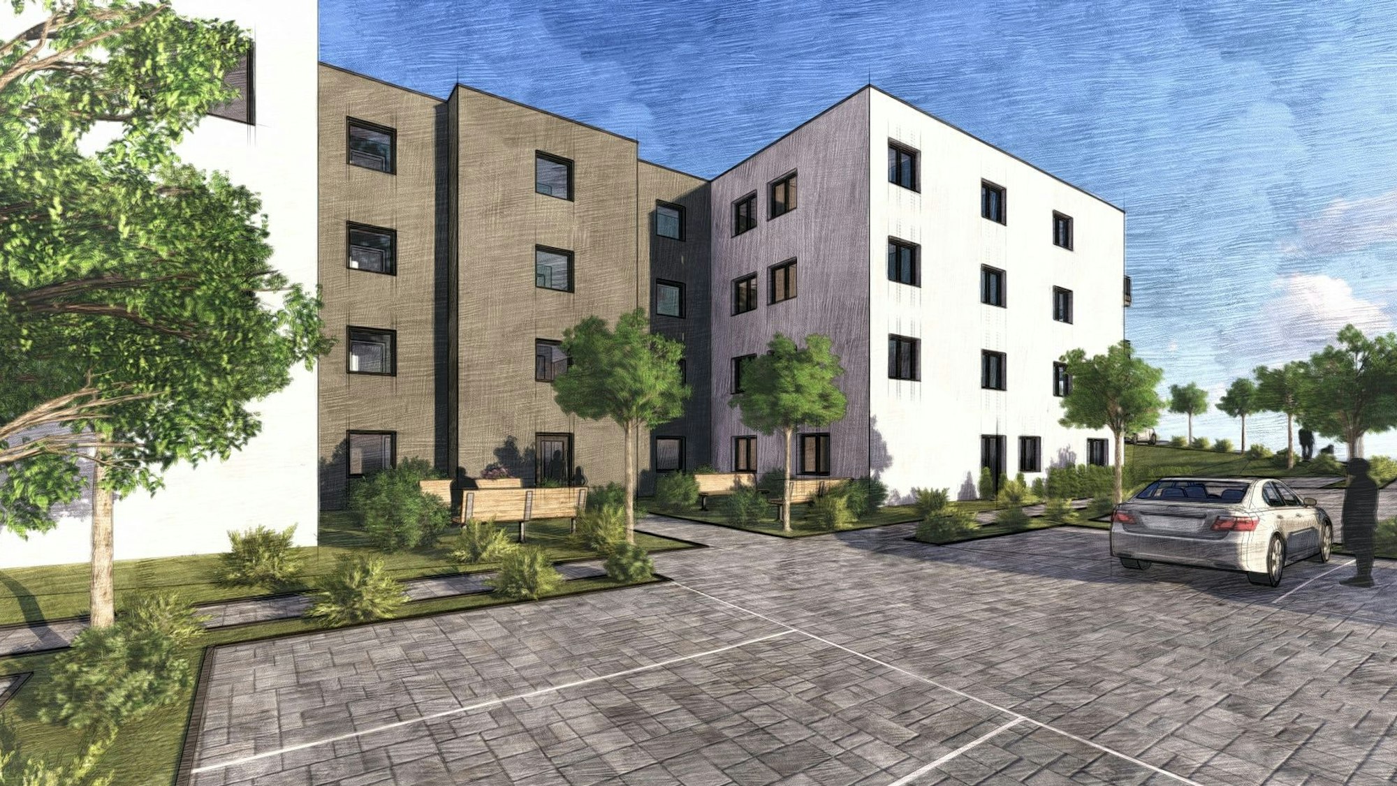 Ansicht (Zeichnung) eines geplanten Mehrfamilienhauses.