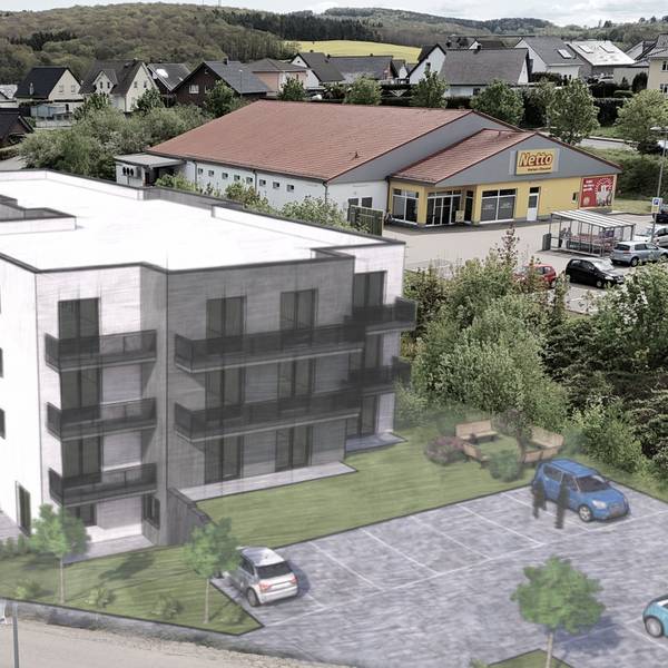 Visualisierung eines am Georges-Girard-Ring in Mechernich (Baugebiet Vierwege) geplanten Mehrfamilienhauses mit 28 Wohneinheiten.