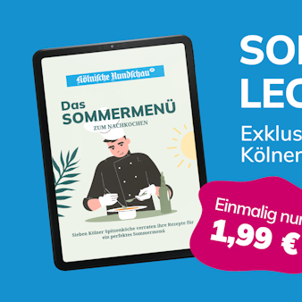 Illustration: ein Tablet mit dem Bild eines Kochs, Text: Sommerlich lecker, Exklusive Rezepte von Kölner Spitzenköchen.