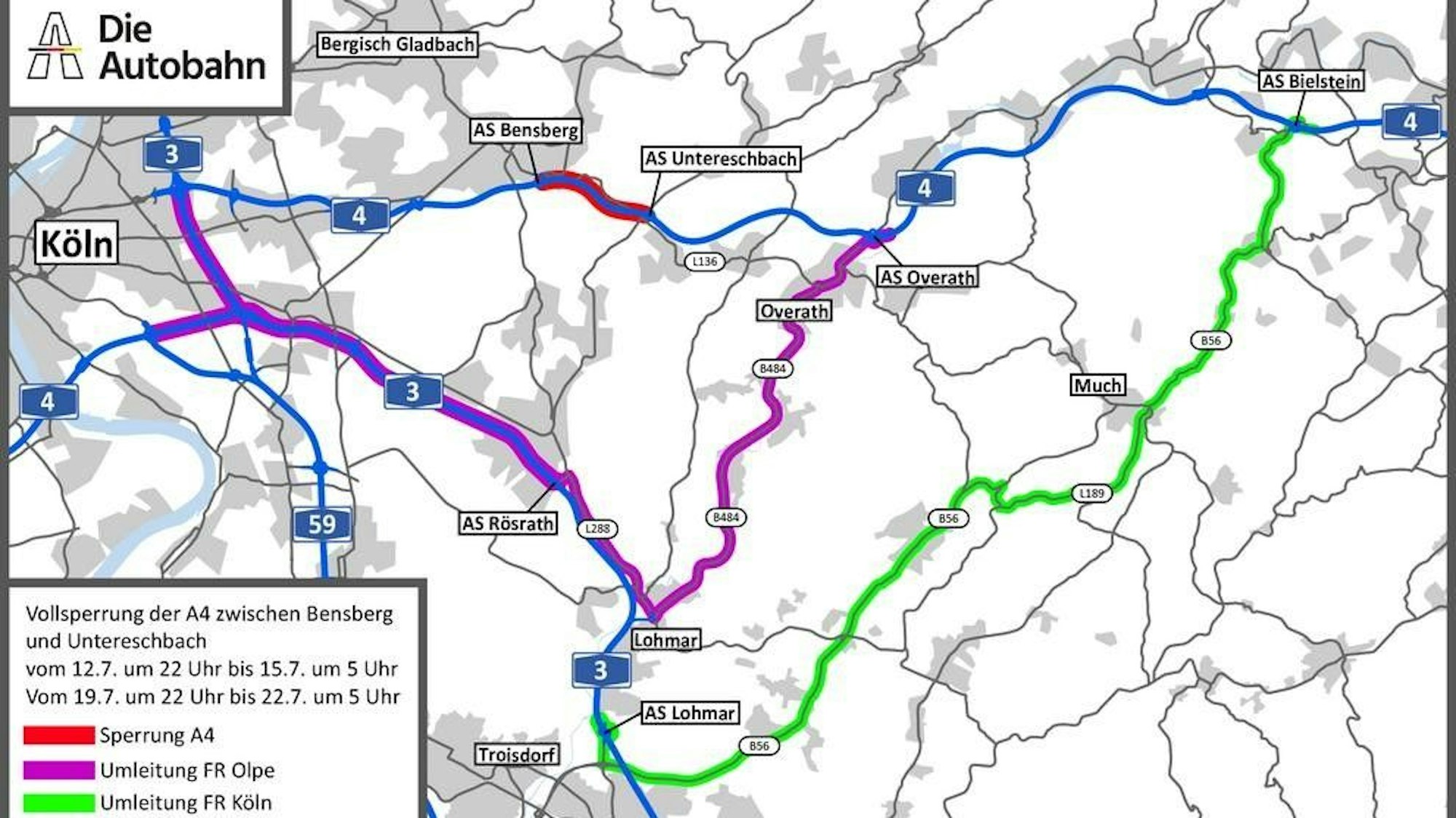 Grafik der Autobahn GmbH anlässlich der beiden Vollsperrungen der A4 in Rhein-Berg im Juli 2024.