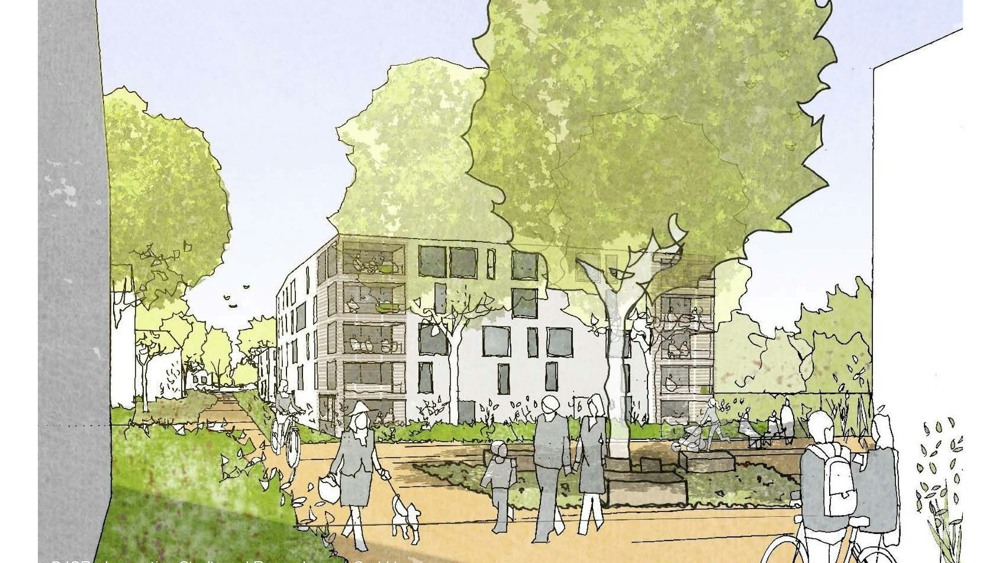 Die Visualisierung zeigt ein mehrstöckiges Gebäude, viel Grün, Menschen flanieren in der Wohnanlage.